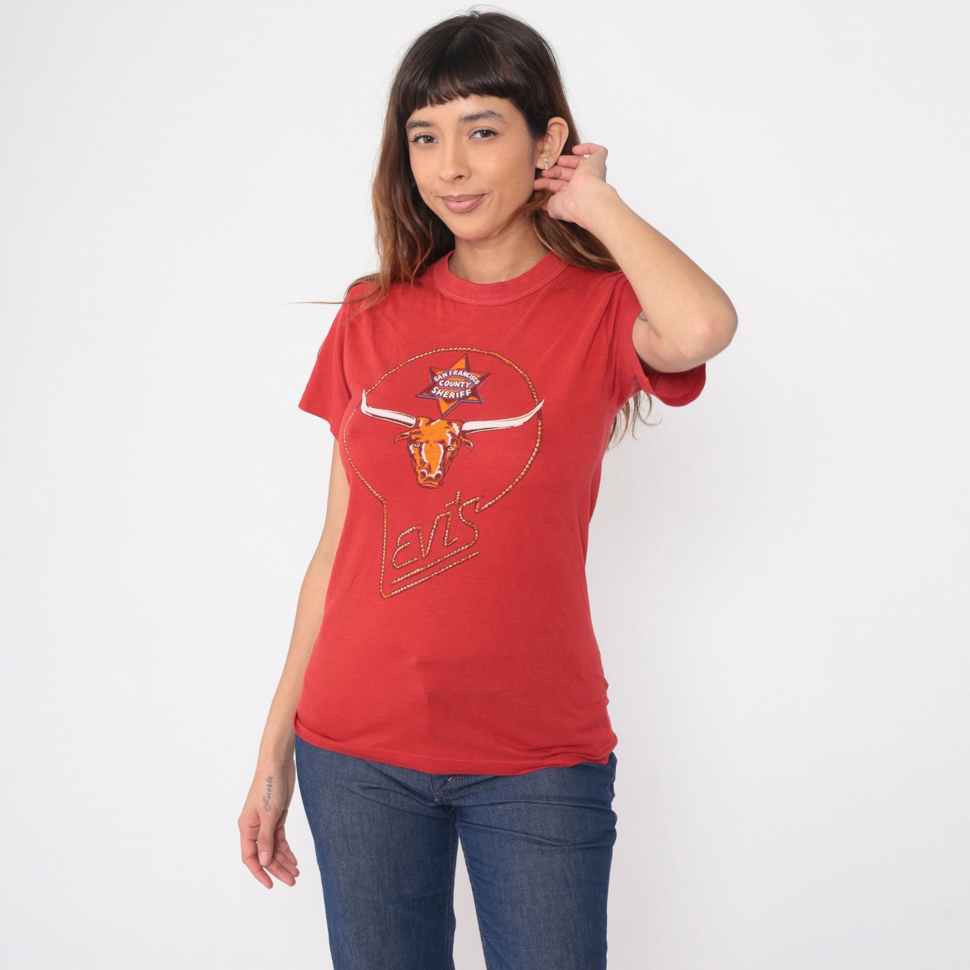 70s Levi's San Francisco County Sheriff Longhorn Graphic T-Shirt Red Extra Small