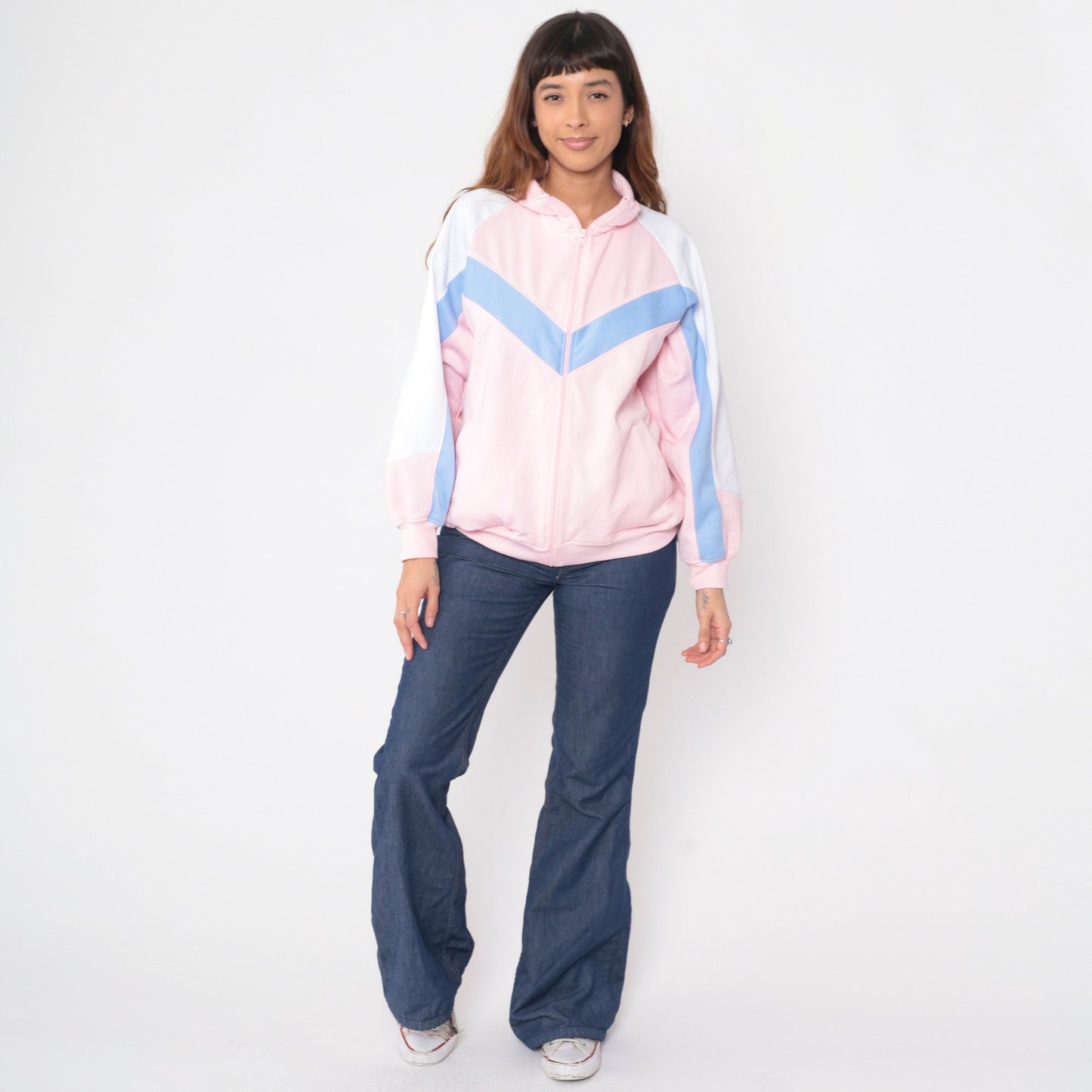 90s Baby Pink Track Jacket Periwinkle Chevron Stripe Zip Raglan Large L