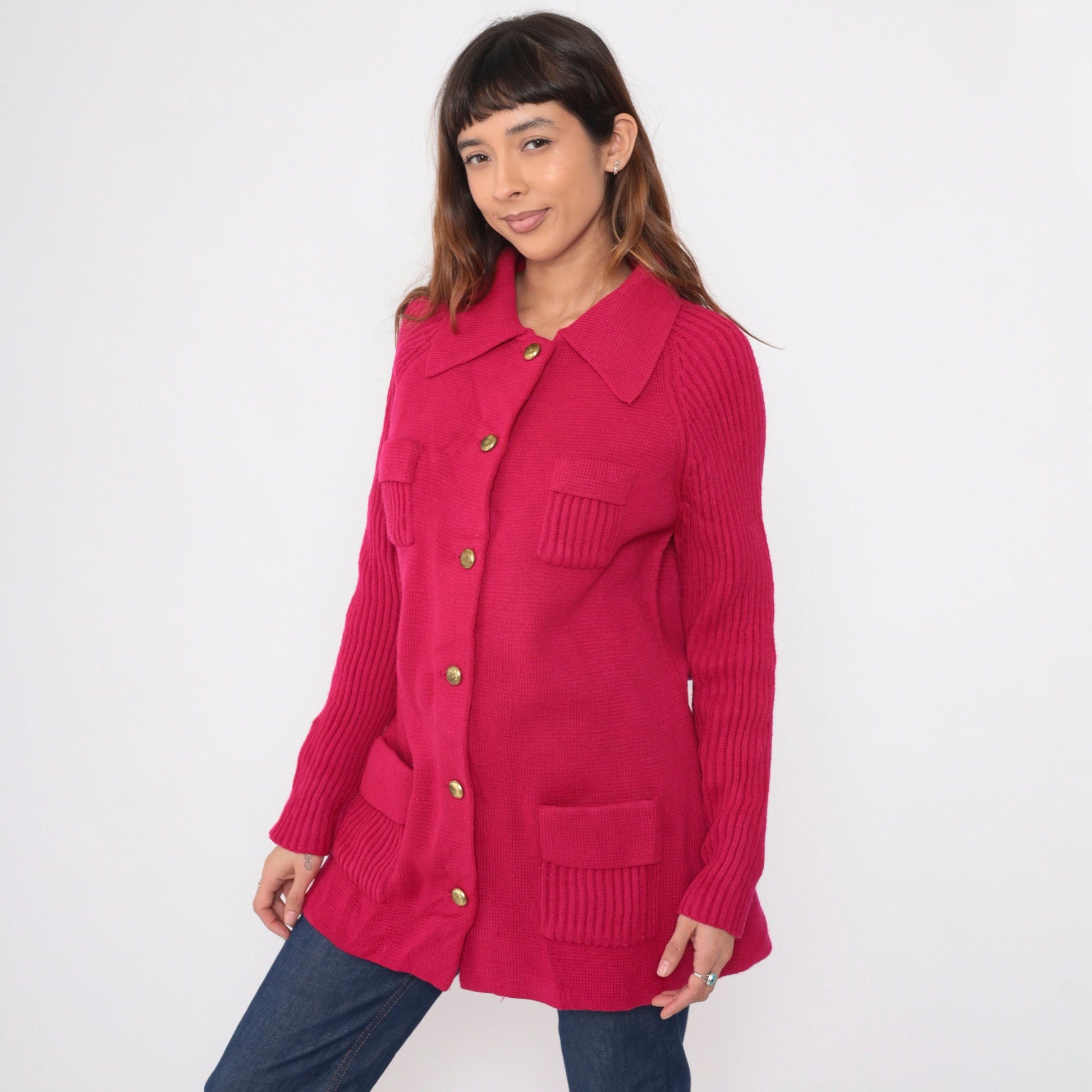 70s Fuchsia Cardigan Sweater Raglan Sleeve Ribbed Knit Gold Buttons Large L
