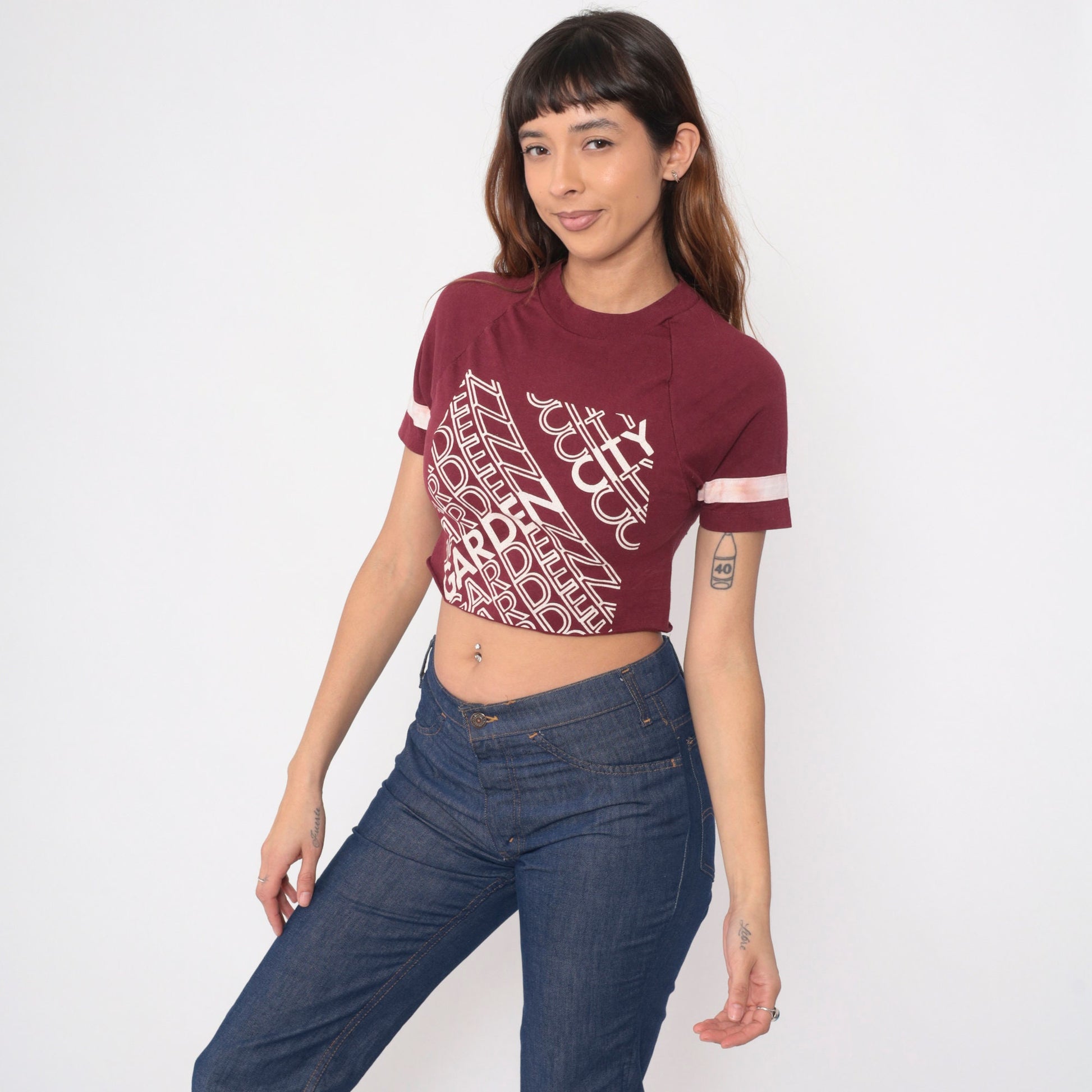 80s Champion Garden City Crop Top Burgundy Raglan Tee Extra Small