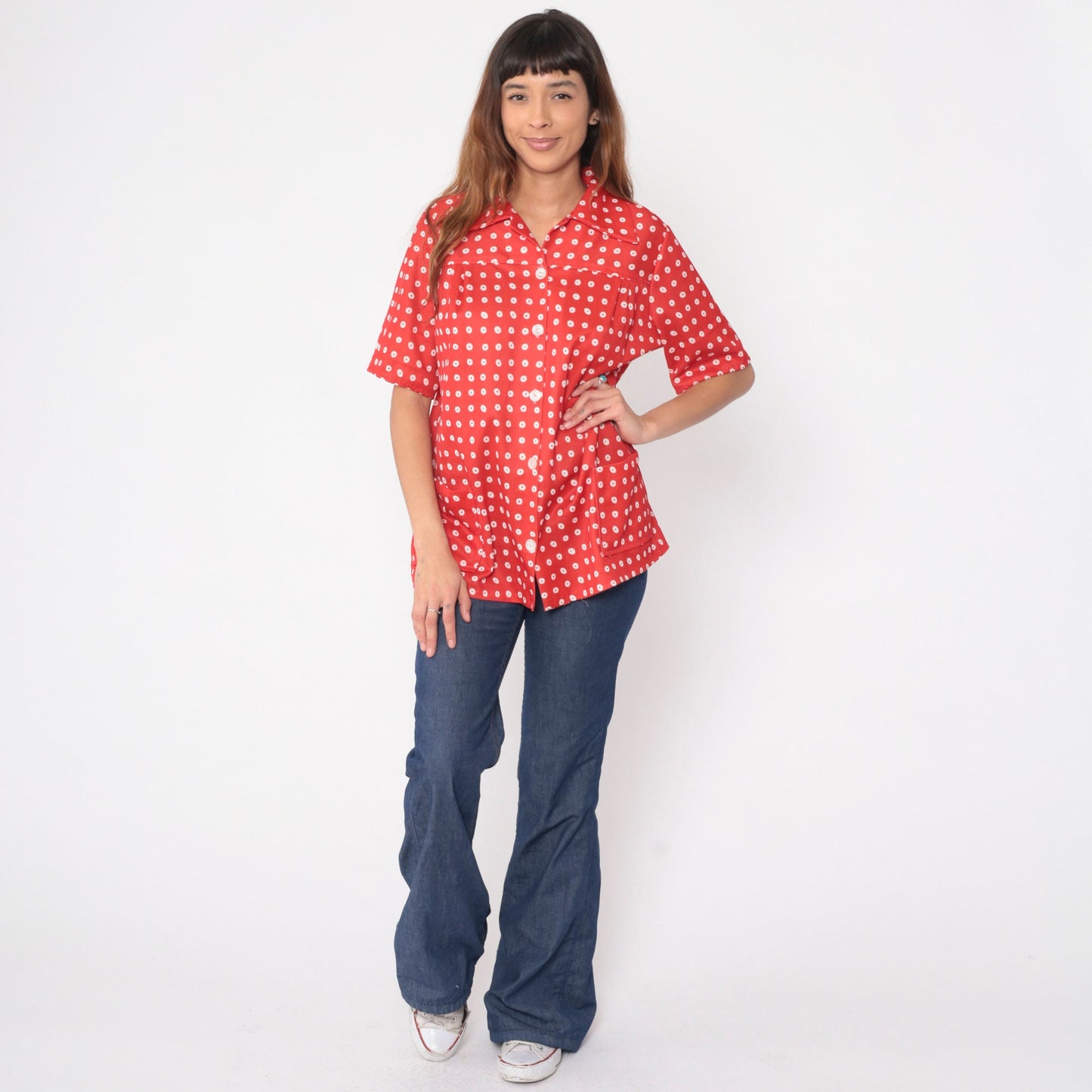 70s Red Polka Dot Button-Up Blouse Dagger Collar Yoke Pockets Large