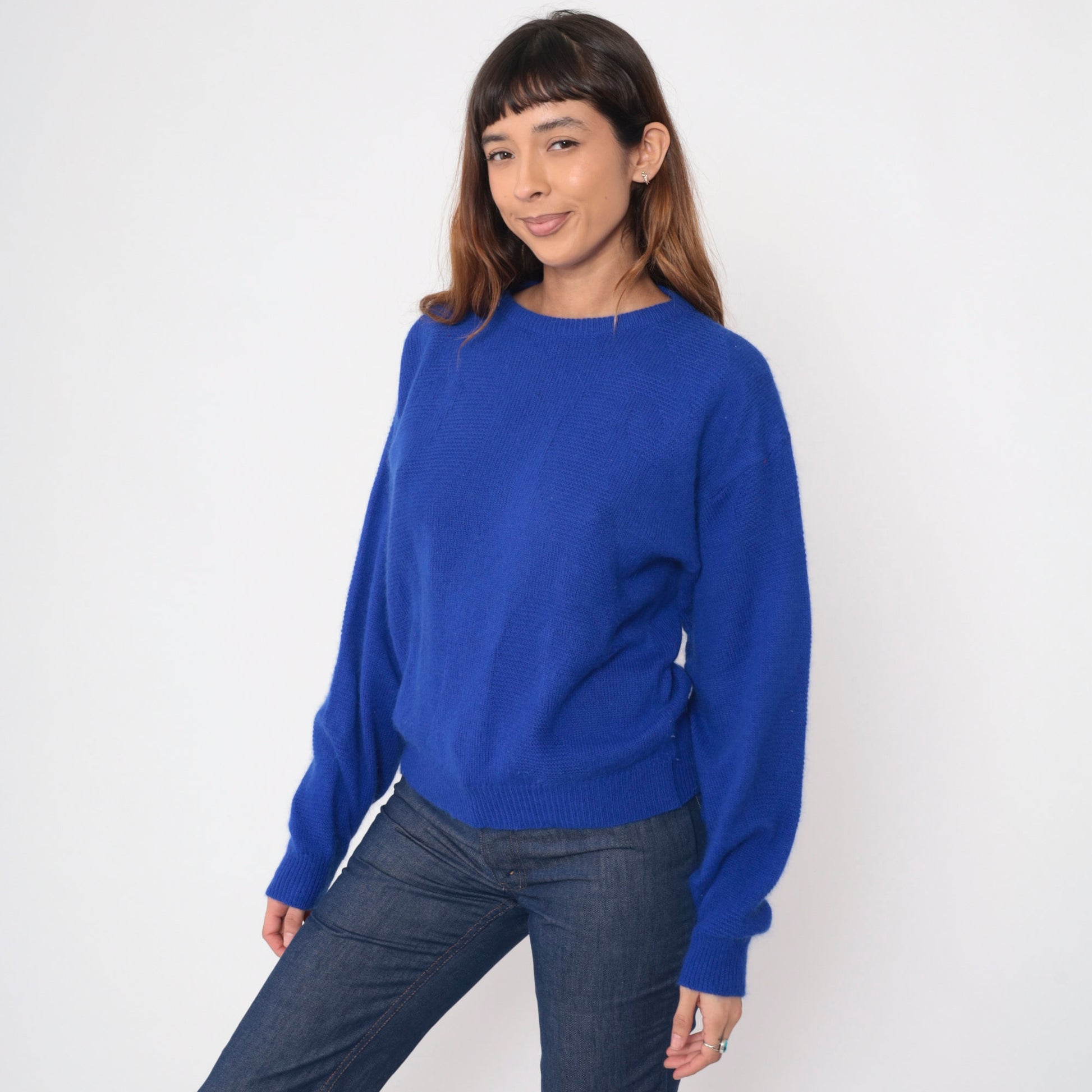 Pierre Cardin 90s Royal Blue Angora Wool Sweater Textured Crewneck Medium M