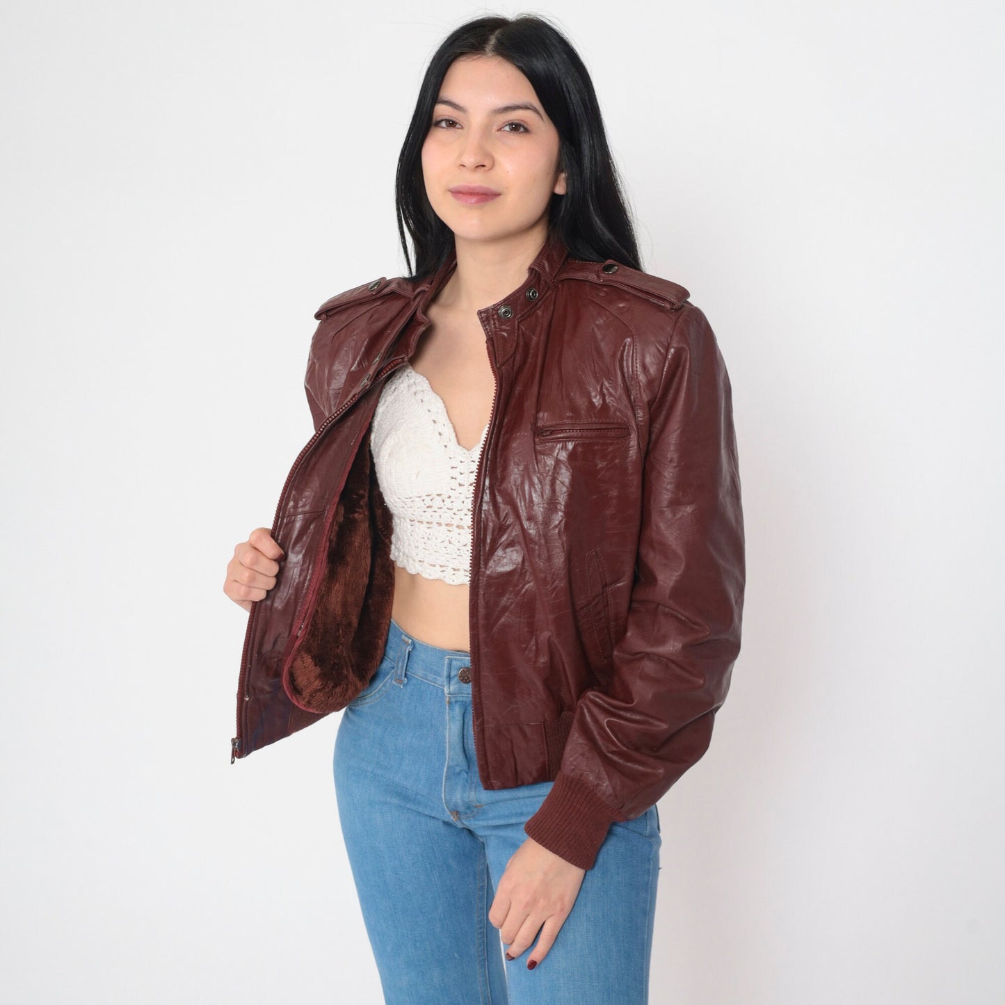 80s Bermans Leather Bomber Jacket Mahogany Brown Zip Moto Small