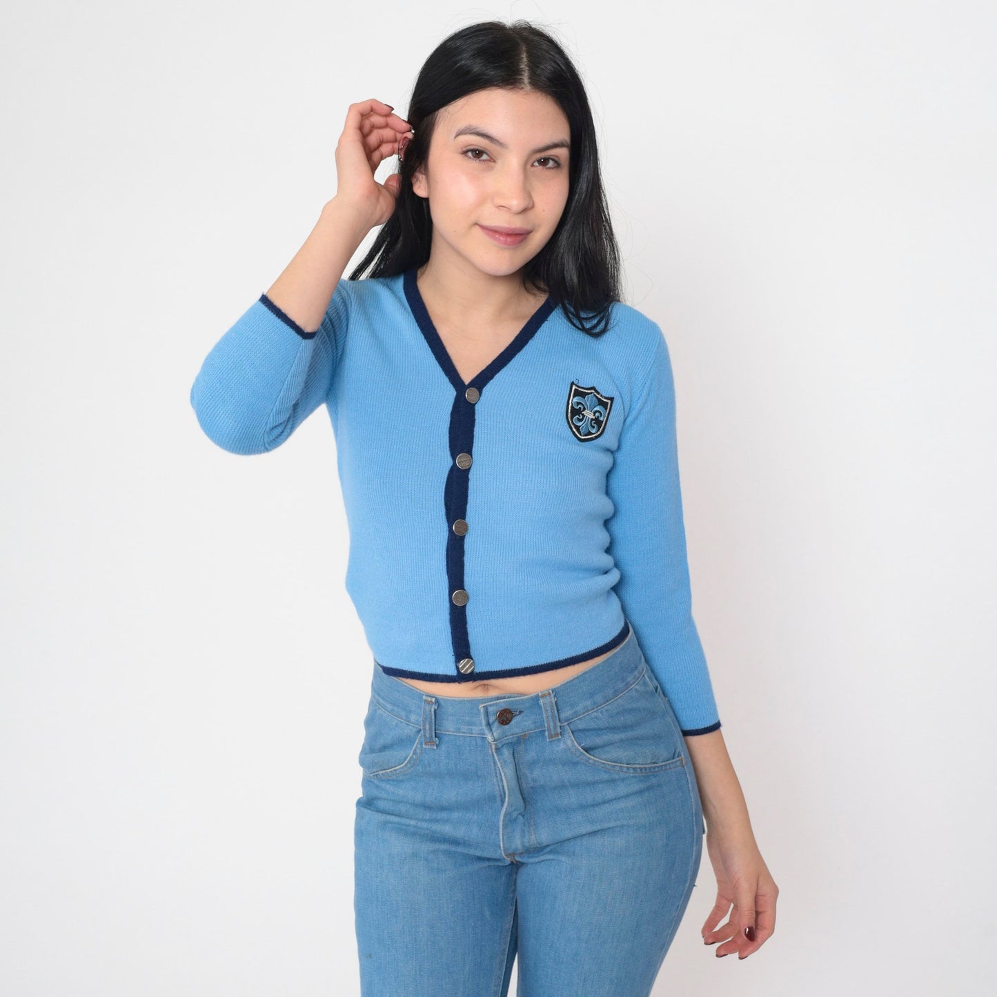 70s Blue Cropped Cardigan Fleur De Lis Patch Ribbed Knit XXS