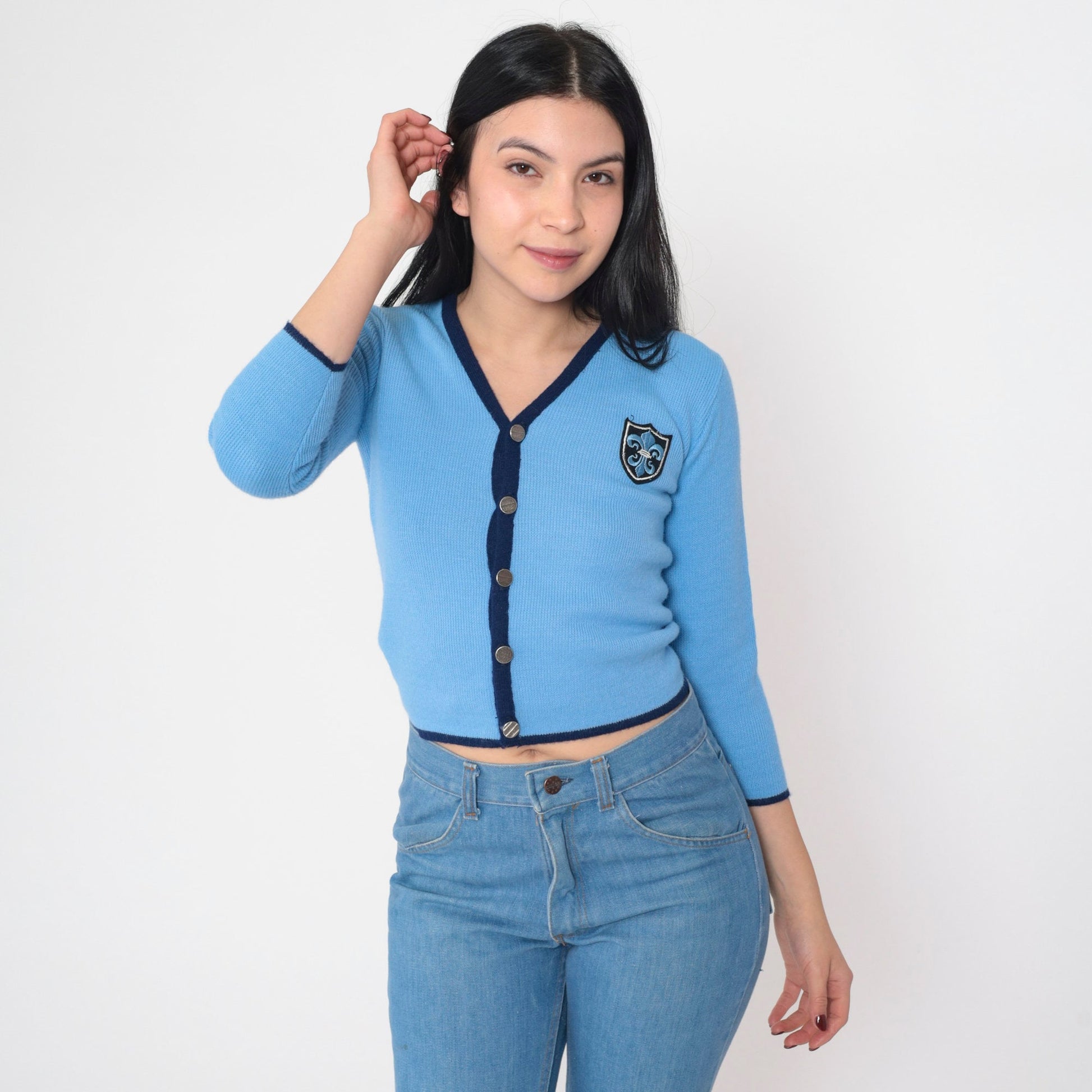 70s Blue Cropped Cardigan Fleur De Lis Patch Ribbed Knit XXS