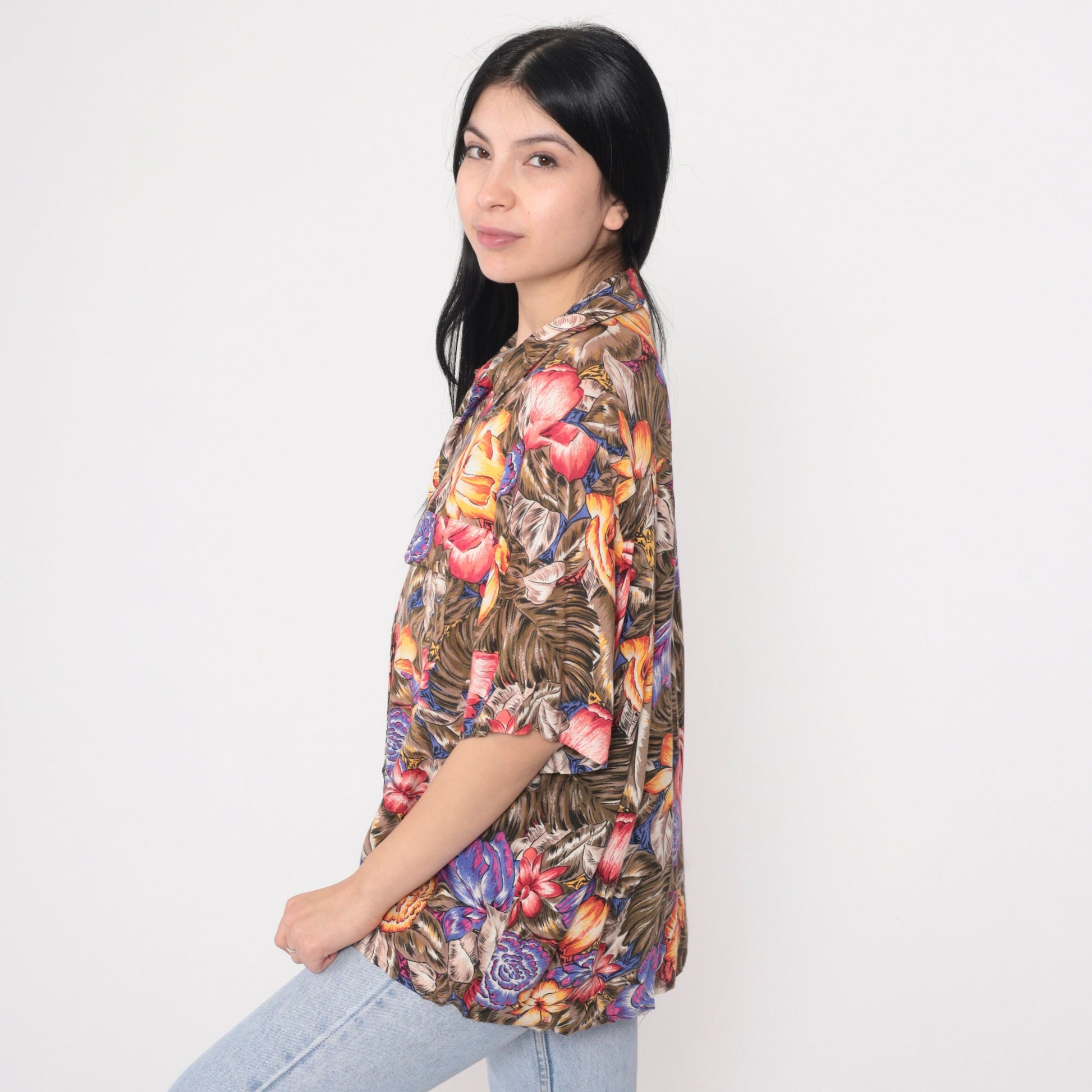90s Tropical Floral Button-Up Shirt Leaf Print Hawaiian Blouse Plus Size 16W