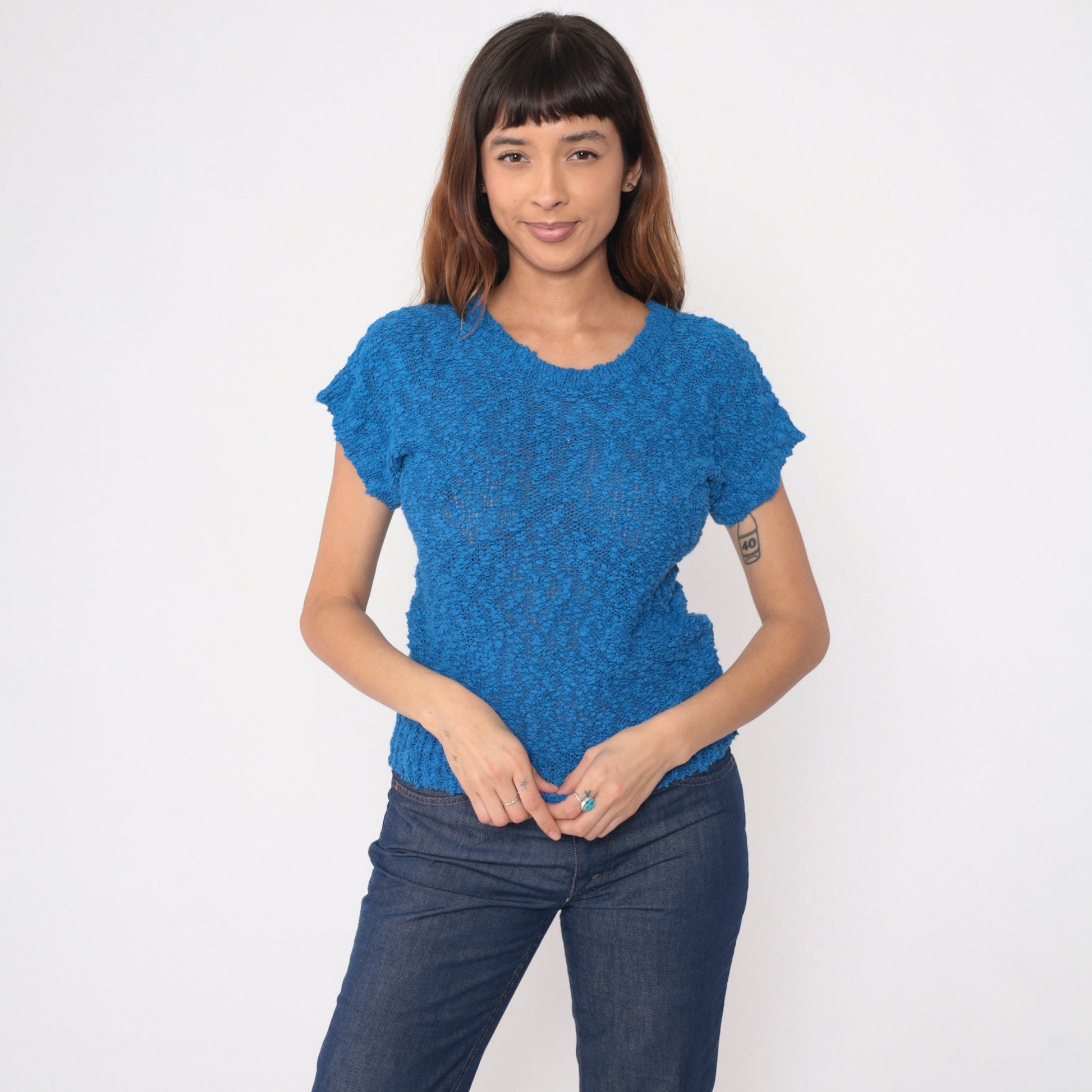 80s Blue Nubby Knit Sweater Top Short Sleeve V Neck Extra Small