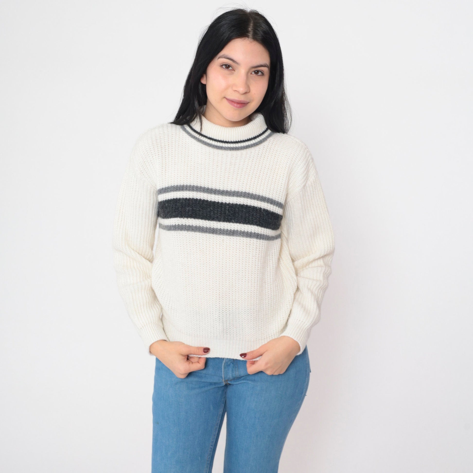 80s White Stag Striped Turtleneck Sweater Black Grey Knit Small