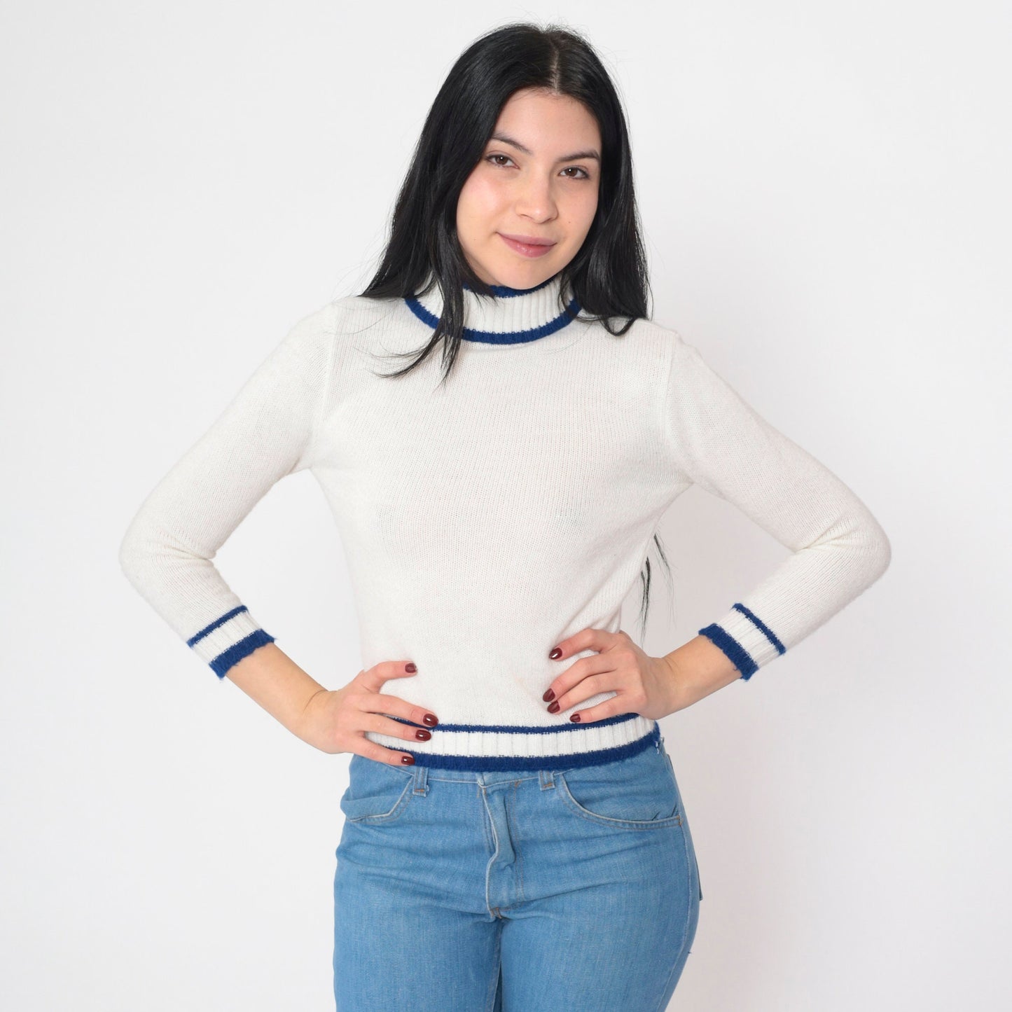 70s White Turtleneck Sweater Blue Striped Ringer Knit Cropped Extra Small