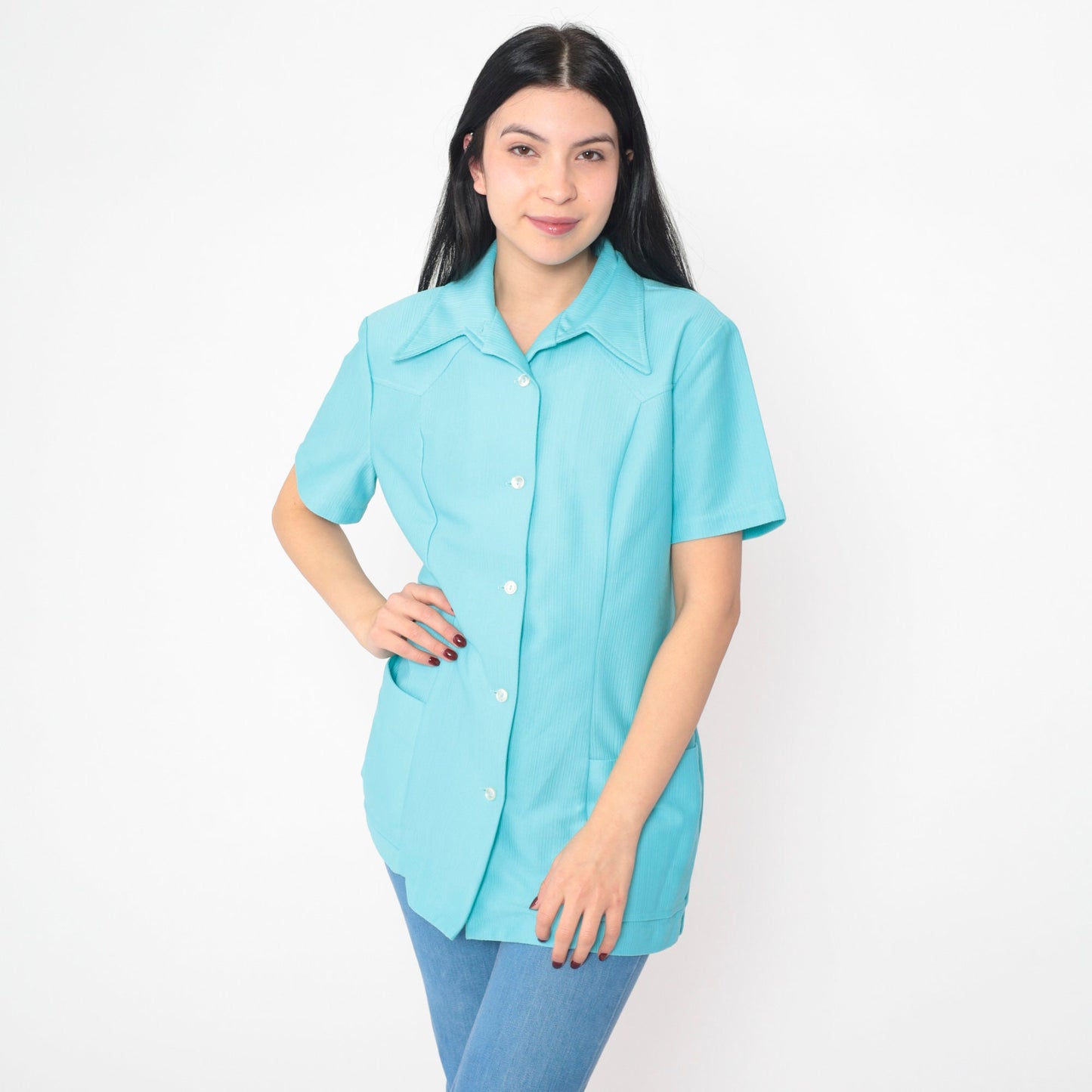 70s Blue Dagger Collar Button-Up Shirt Short Sleeve Longline Tunic Medium