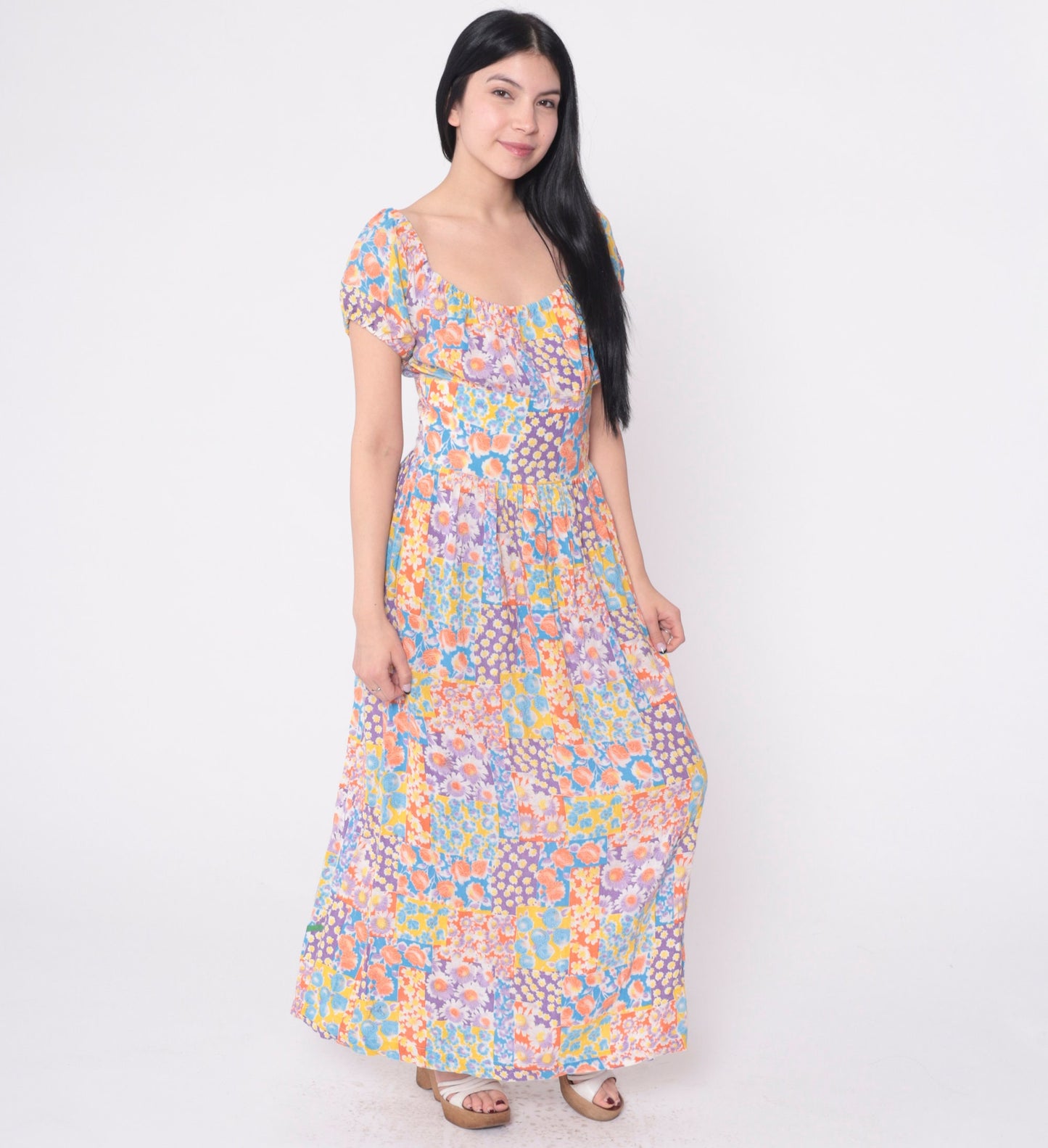 70s Patchwork Floral Off-Shoulder Maxi Dress Midriff Band Small