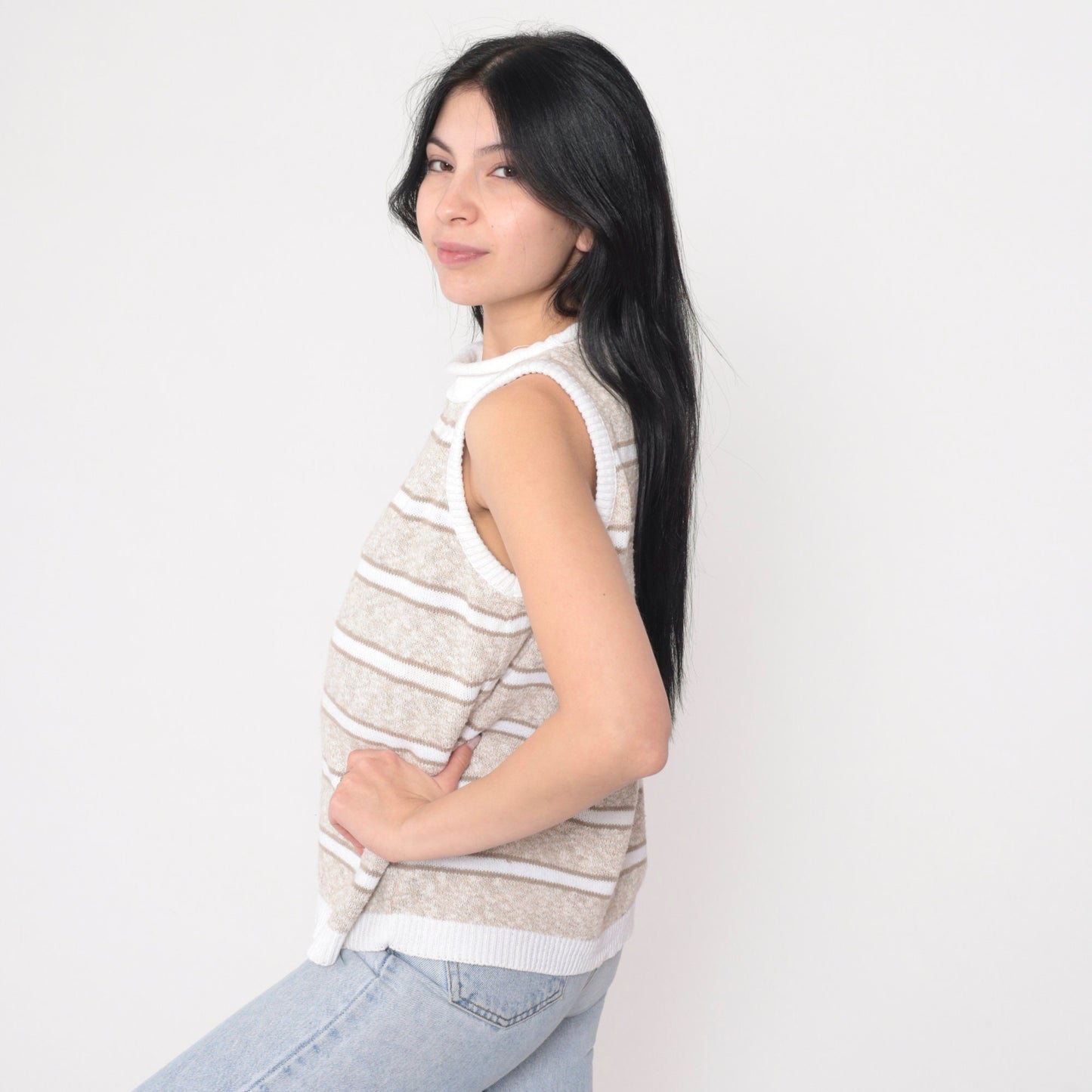 80s Striped Knit Sweater Vest Tan White Mock Neck Pullover Medium