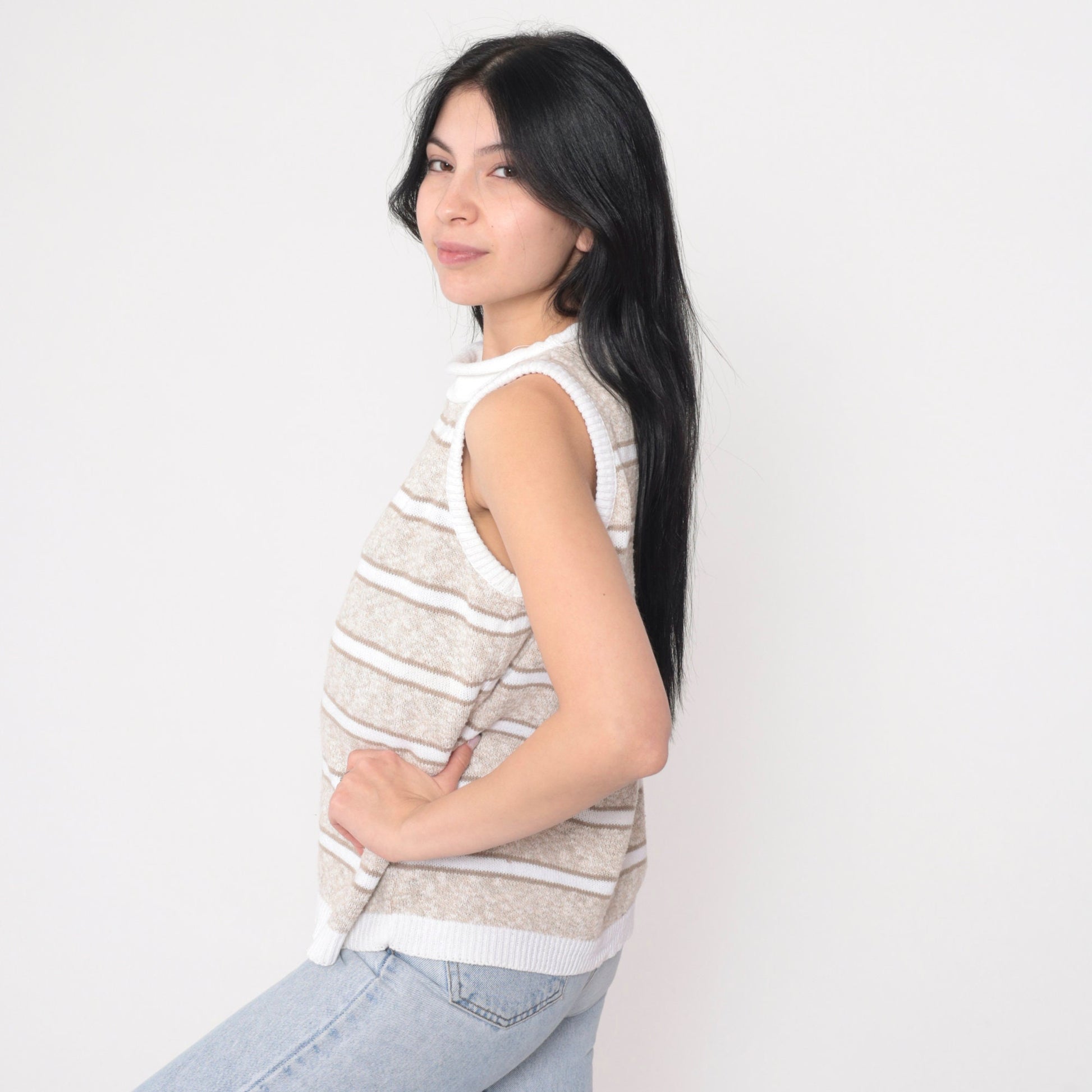 80s Striped Knit Sweater Vest Tan White Mock Neck Pullover Medium
