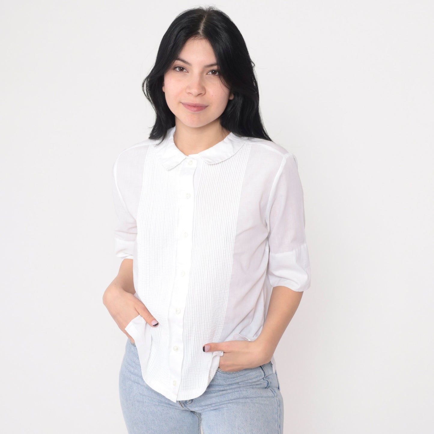 80s Ship n Shore White Button Up Blouse Peter Pan Collar Half Sleeve XS