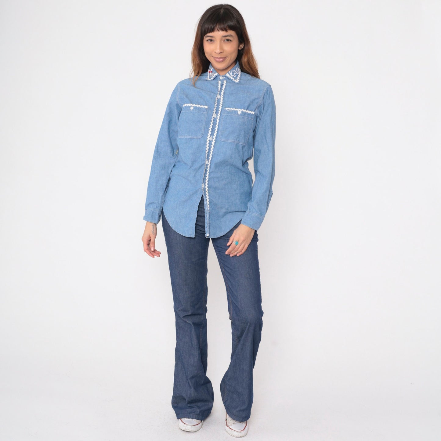 70s Big Mac Chambray Shirt Cat Kite Patch Button Up Blue Small