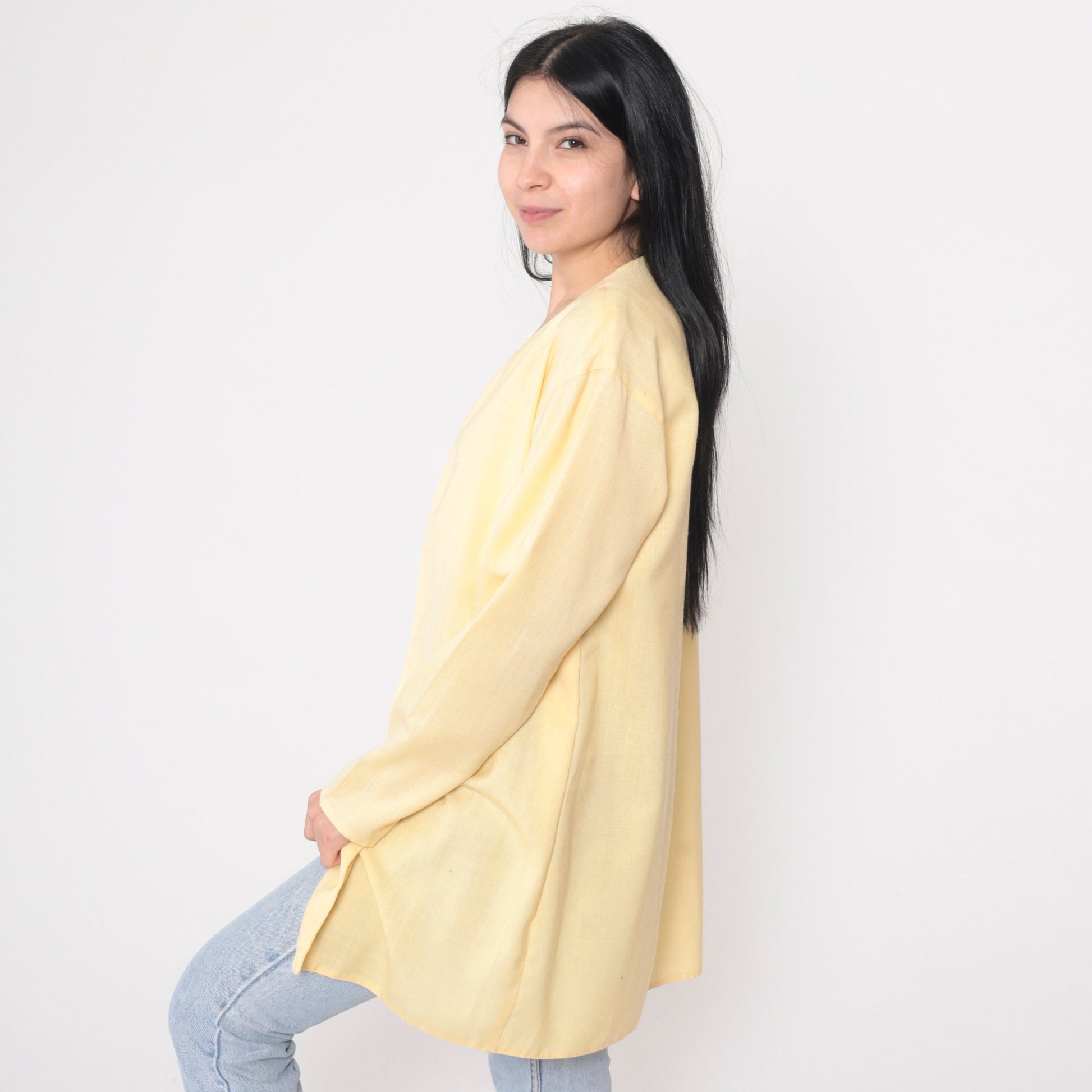 90s Pastel Yellow Longline Cardigan Jacket Open Front Medium Large