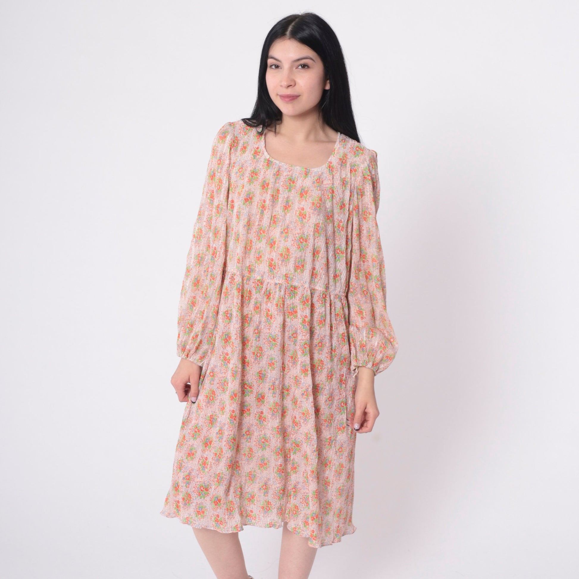 70s Floral Midi Dress High Waist Knife Pleated Puff Sleeve Green Blue Medium