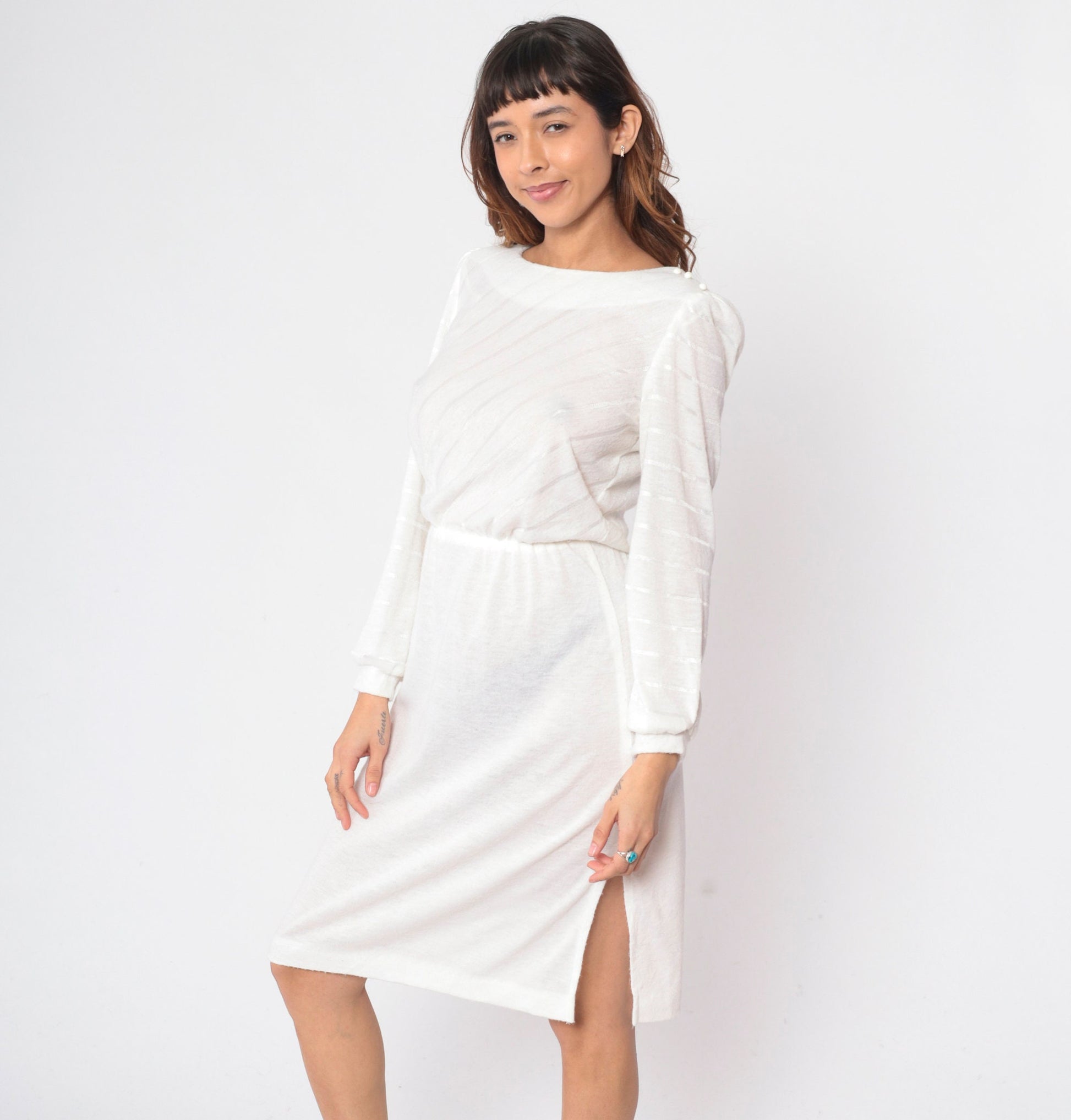 80s White Diagonal Striped Midi Dress Puff Sleeve High Waist Small