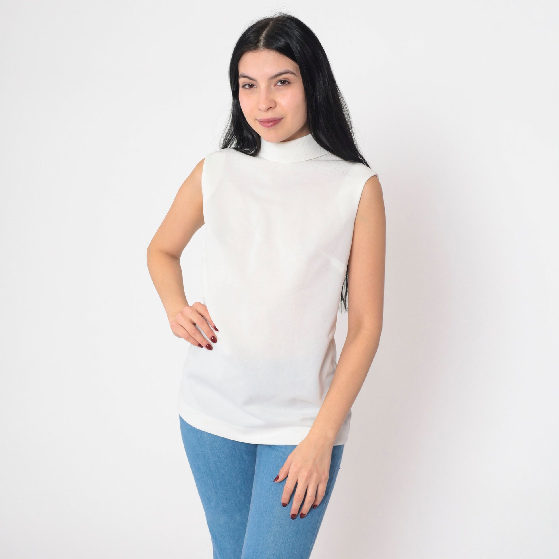 70s White Mock Neck Tank Top Semi-Sheer Sleeveless Blouse Small