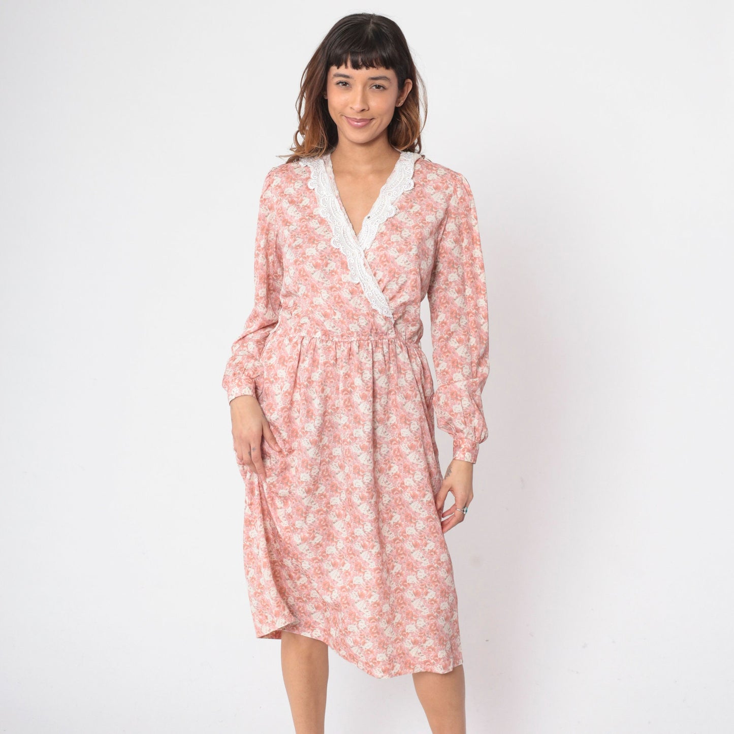 80s Floral Wrap Dress Pink V-Neck Midi Puff Sleeve High Waisted Small Medium