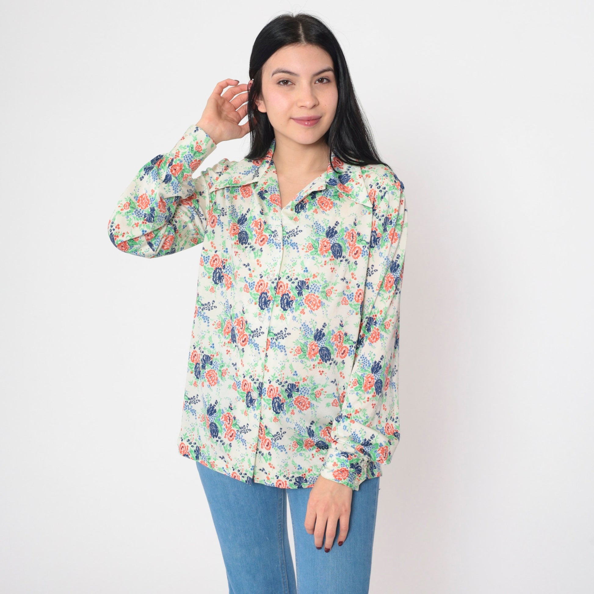 70s Floral Button-Up Blouse Off-White Collared Long Sleeve Medium