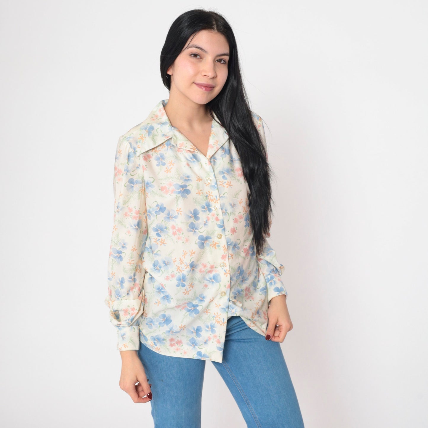 70s Floral Print Blouse White Puff Sleeve Button-Up Collared Shirt Medium