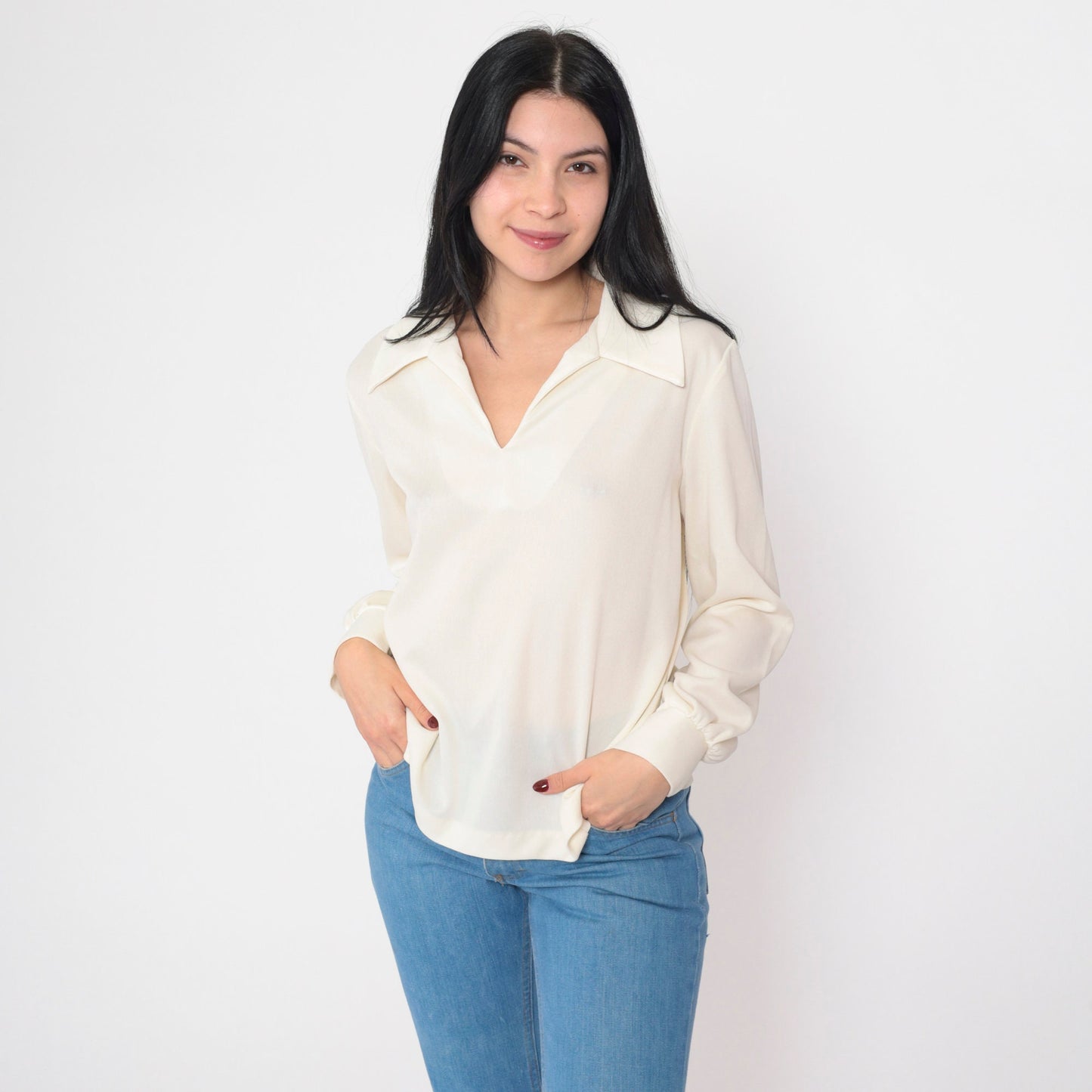 70s Off-White Semi-Sheer Collared Blouse Long Sleeve V Neck Medium