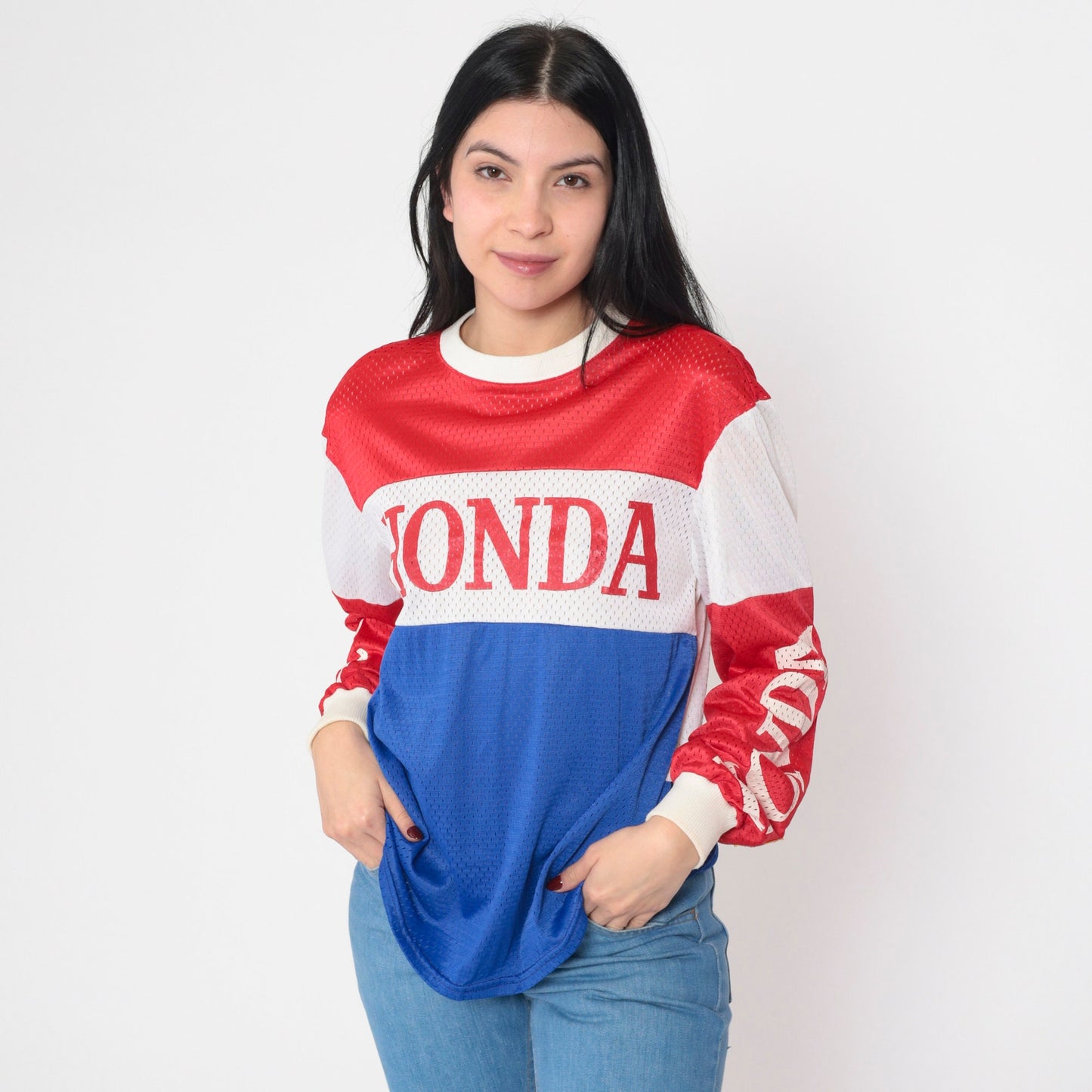 80s Honda Racing Mesh Jersey Red White Blue Viking Patch Small