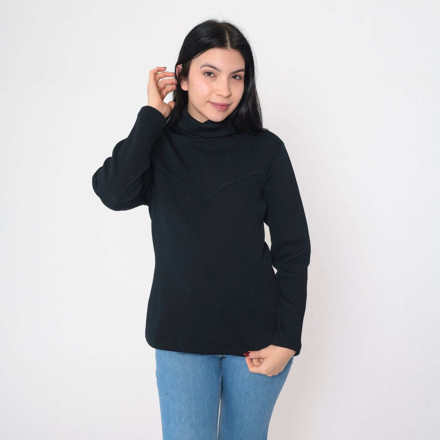 70s Black Ribbed Turtleneck Long Sleeve Knit Top Yoke Zipper Medium M