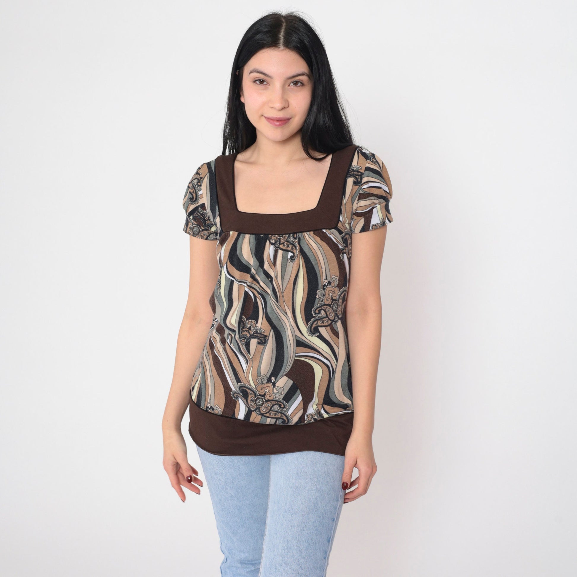 Y2K Abstract Floral Paisley Puff Sleeve Blouse Brown Short Sleeve Small S