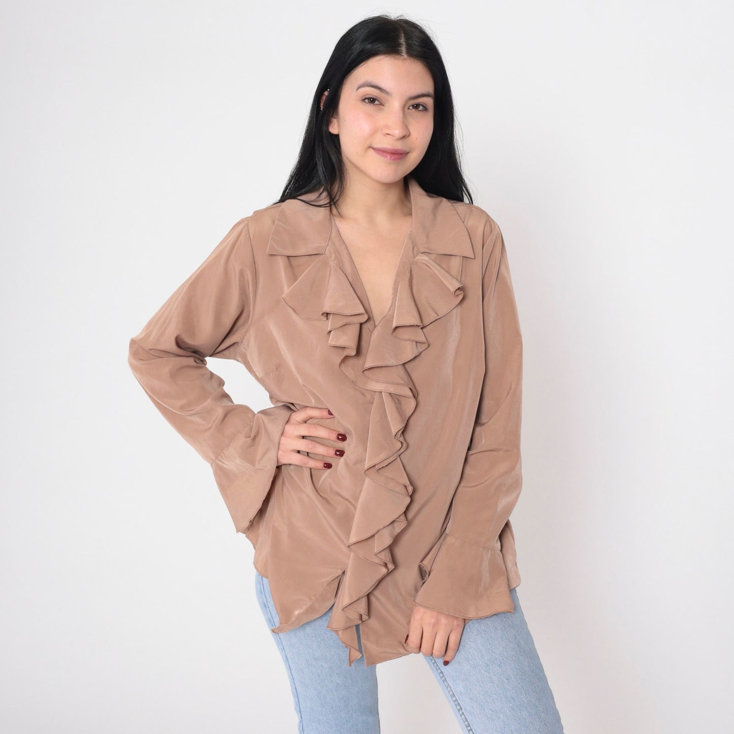 90s Cocoa Brown Ruffled V-Neck Blouse Long Bell Sleeve Vintage Poet Top Large L