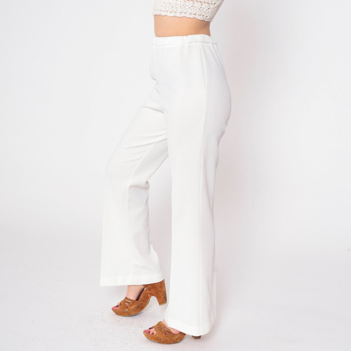 70s White High-Waist Straight Flared Trousers Elastic Waist Medium