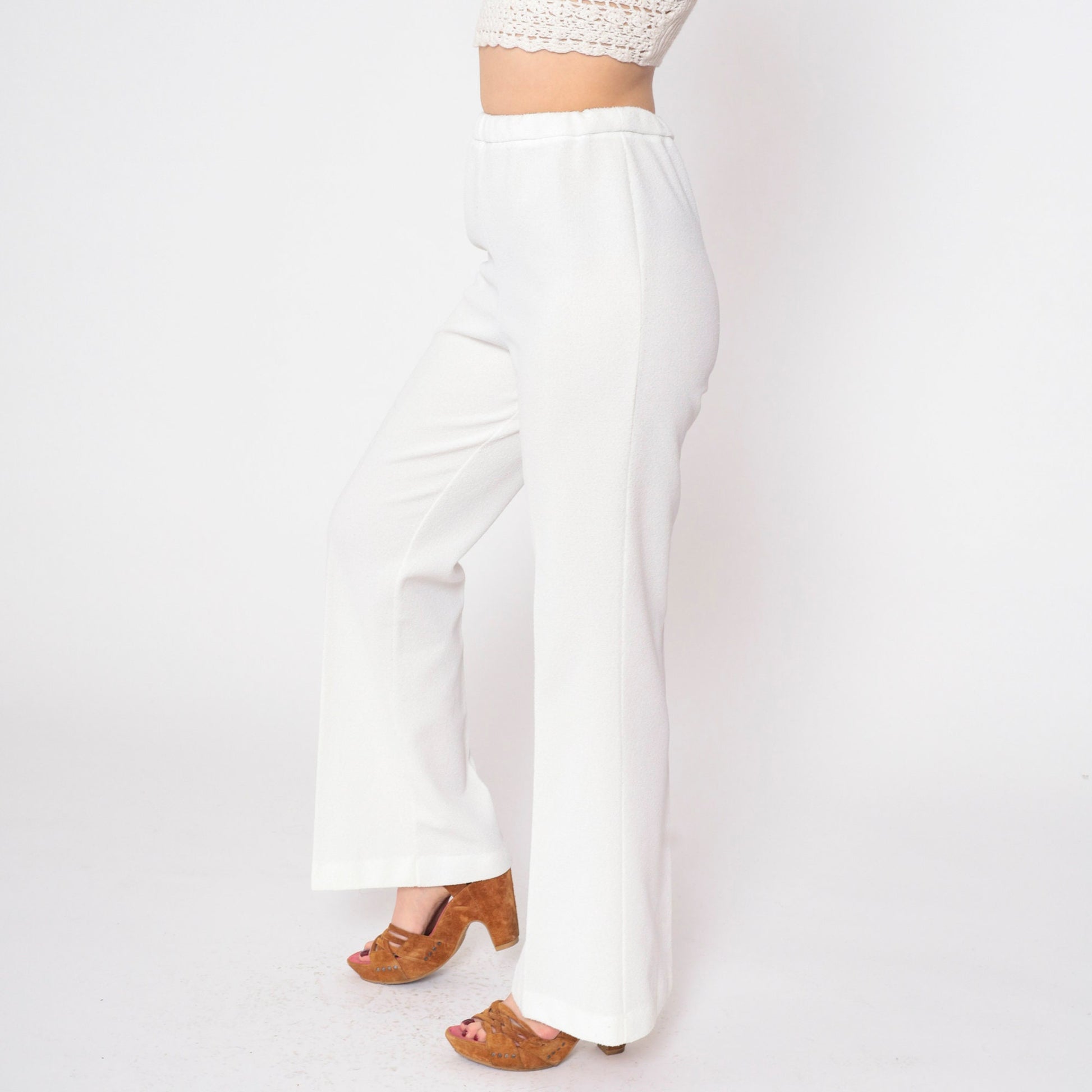 70s White High-Waist Straight Flared Trousers Elastic Waist Medium