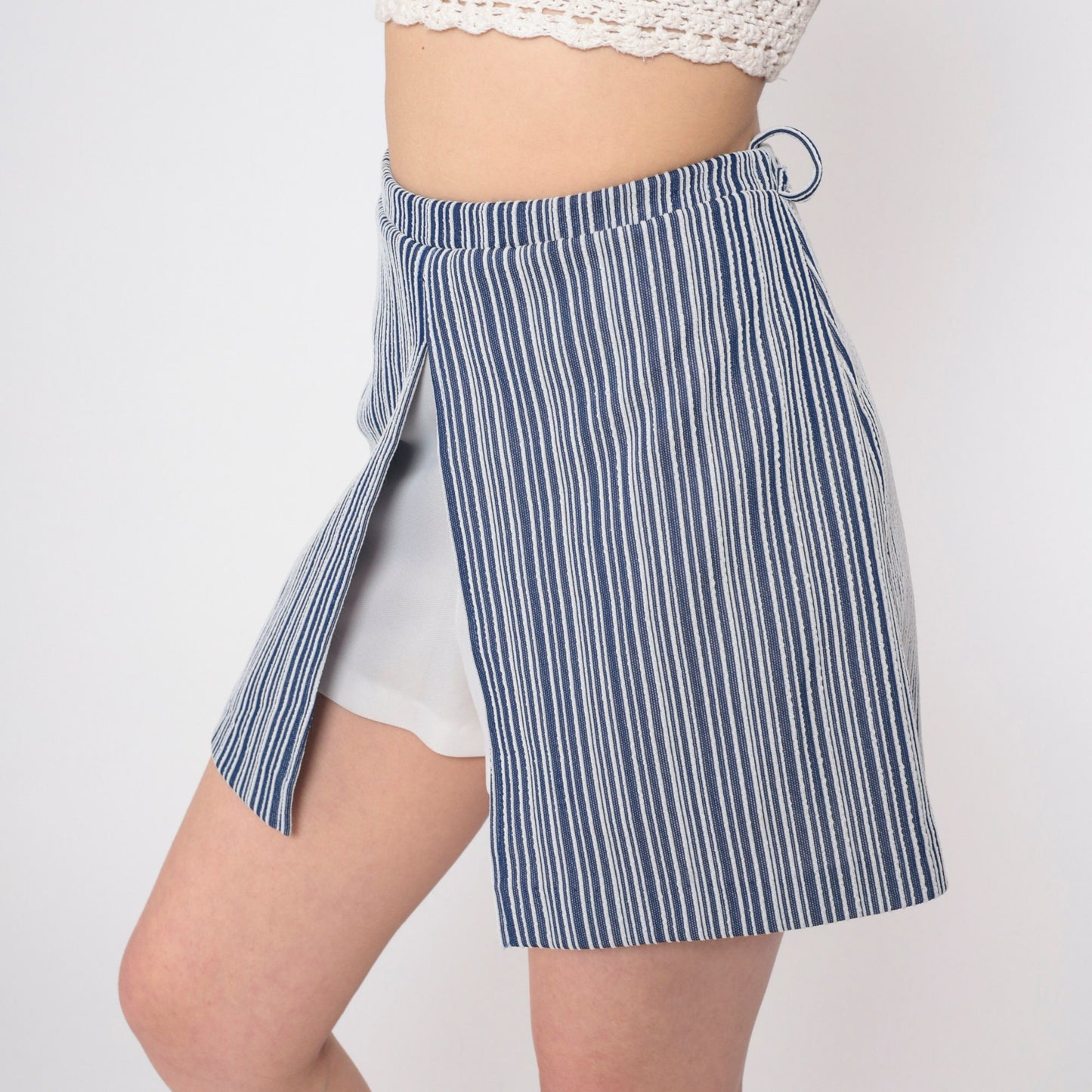 70s Blue White Striped Scooter Skort Mini High Waisted A-Line Medium M