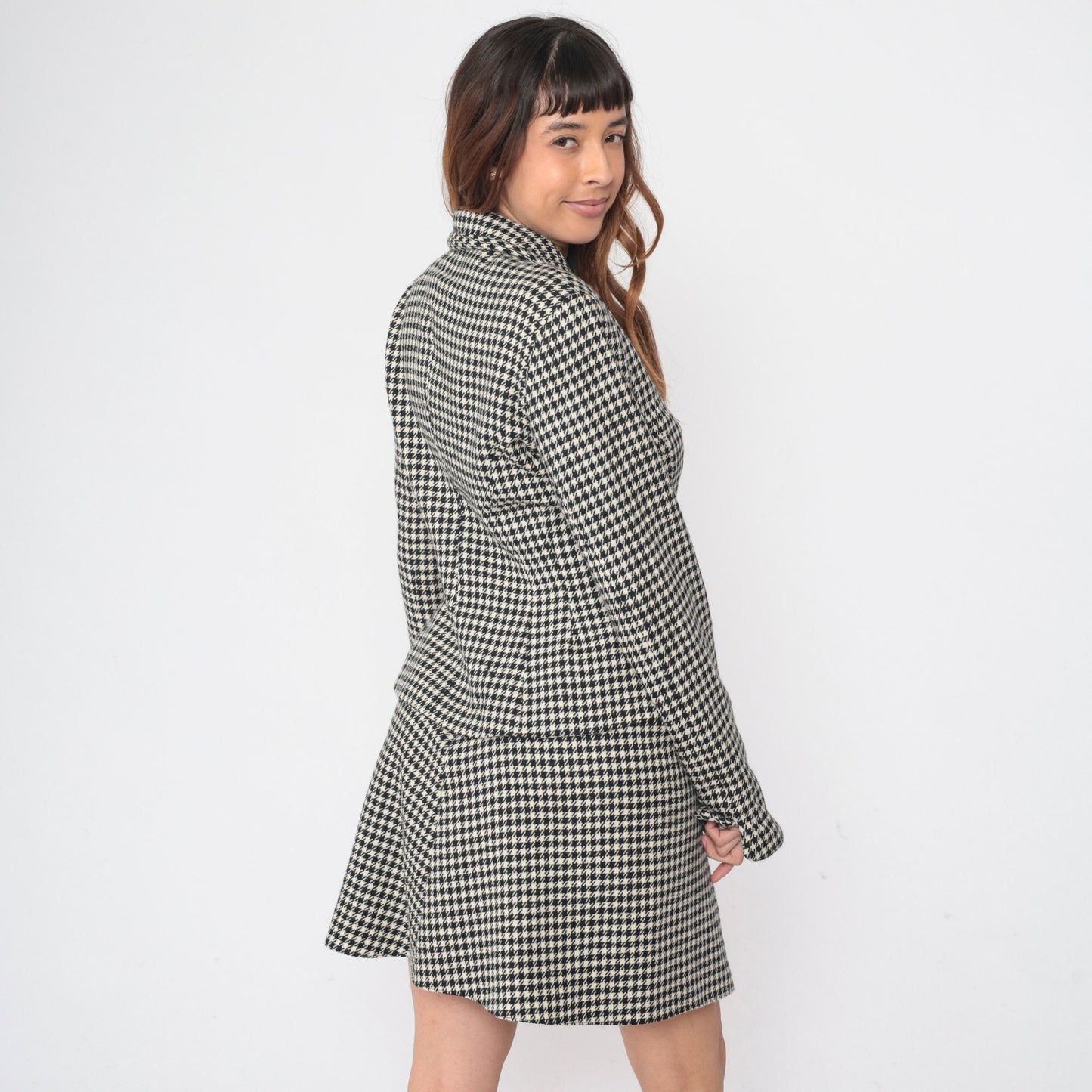 90s Jill Stuart Houndstooth Skirt Suit Jacket Mini A-Line Black White Medium