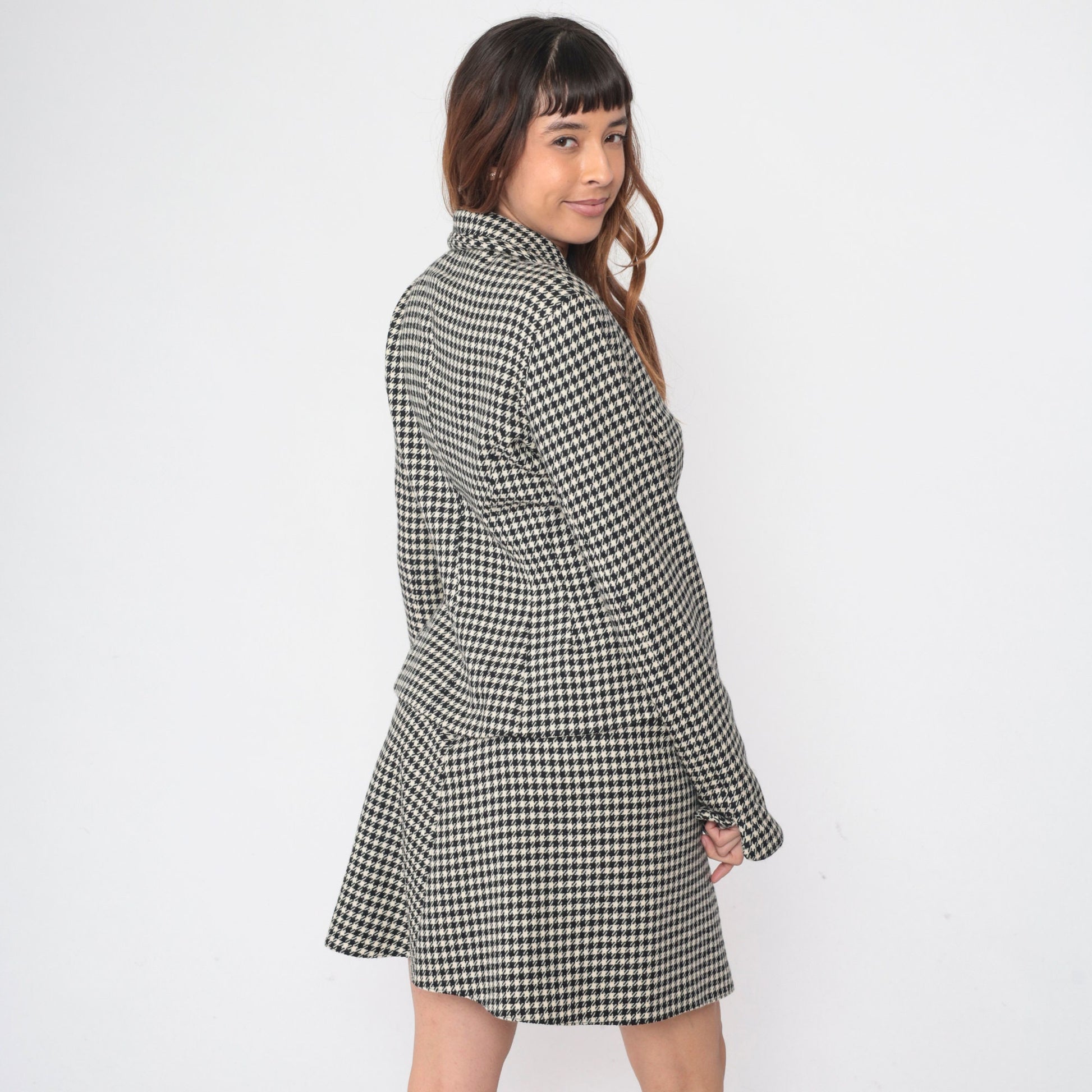 90s Jill Stuart Houndstooth Skirt Suit Jacket Mini A-Line Black White Medium
