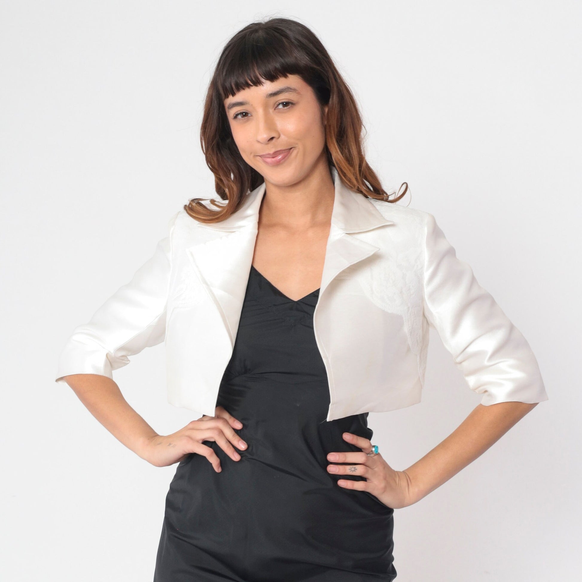 90s White Taffeta Lace Trim Cropped Blazer Half Sleeve Open Front Small 4