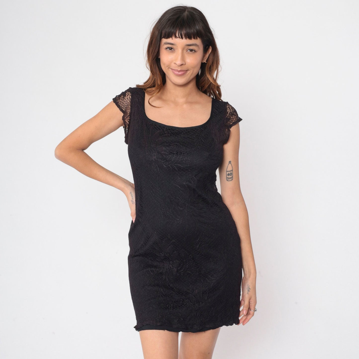 90s Black Lace Mini Dress Cap Sleeve Scoop Neck Sheath Small