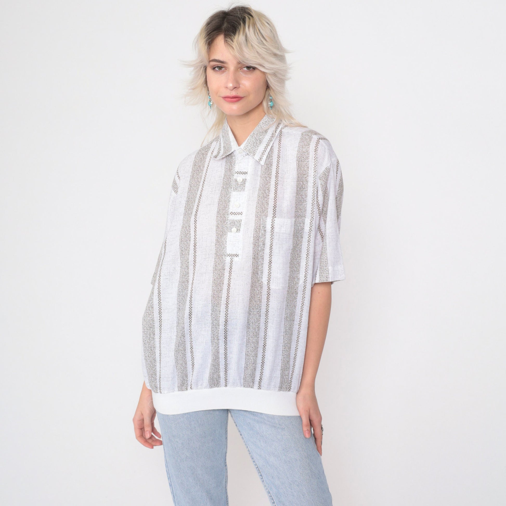 90s D'Accord Polo Shirt White Brown Checkered Striped Collared Large