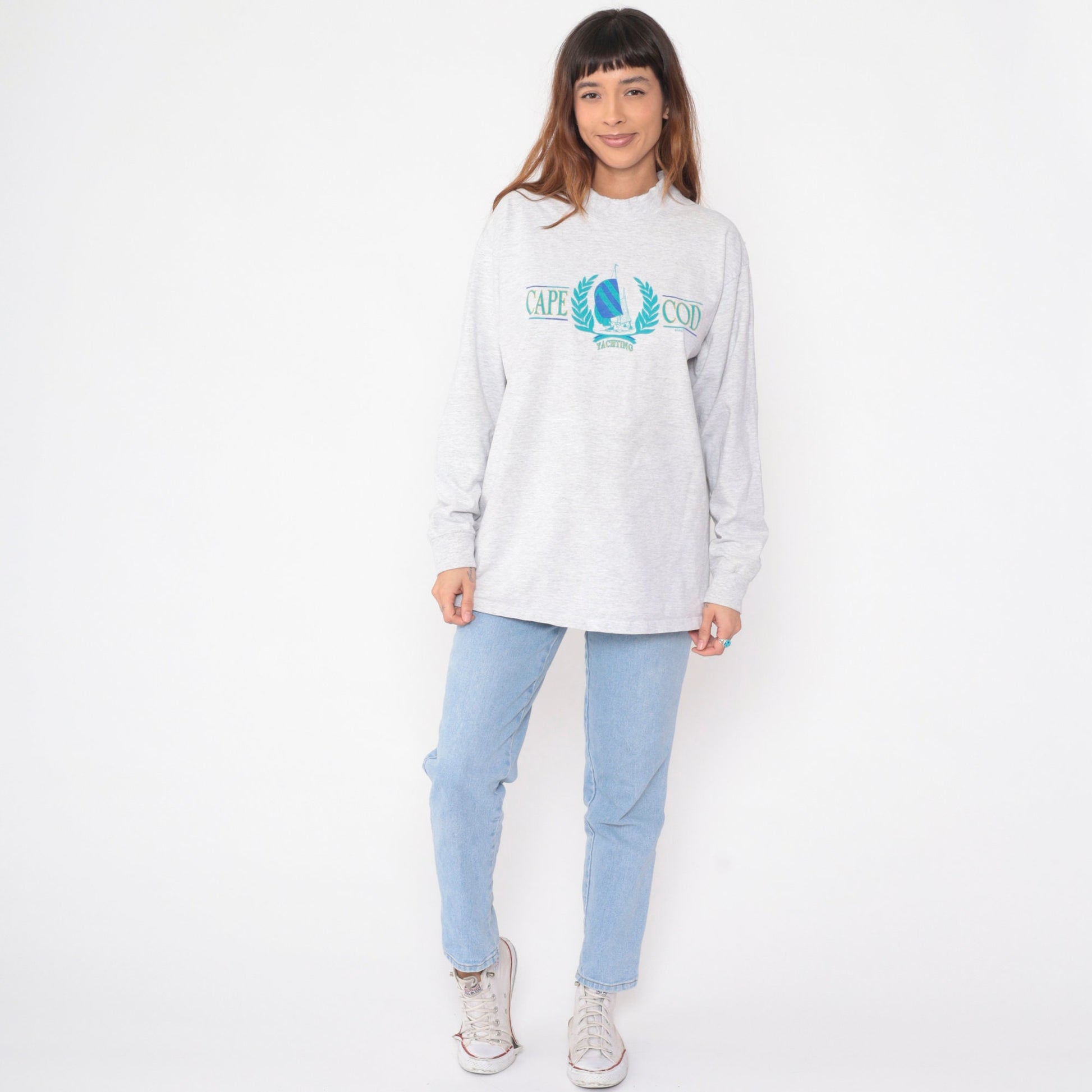 90s Cape Cod Yachting Graphic Long Sleeve Tee Heather Grey Cotton Extra Large