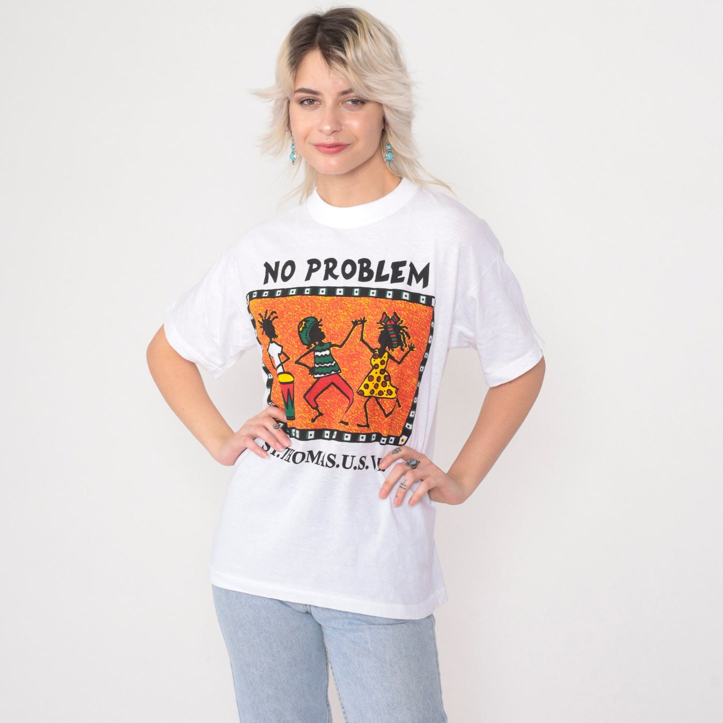 90s St Thomas Virgin Islands No Problem Rasta Graphic Tee White Cotton Medium
