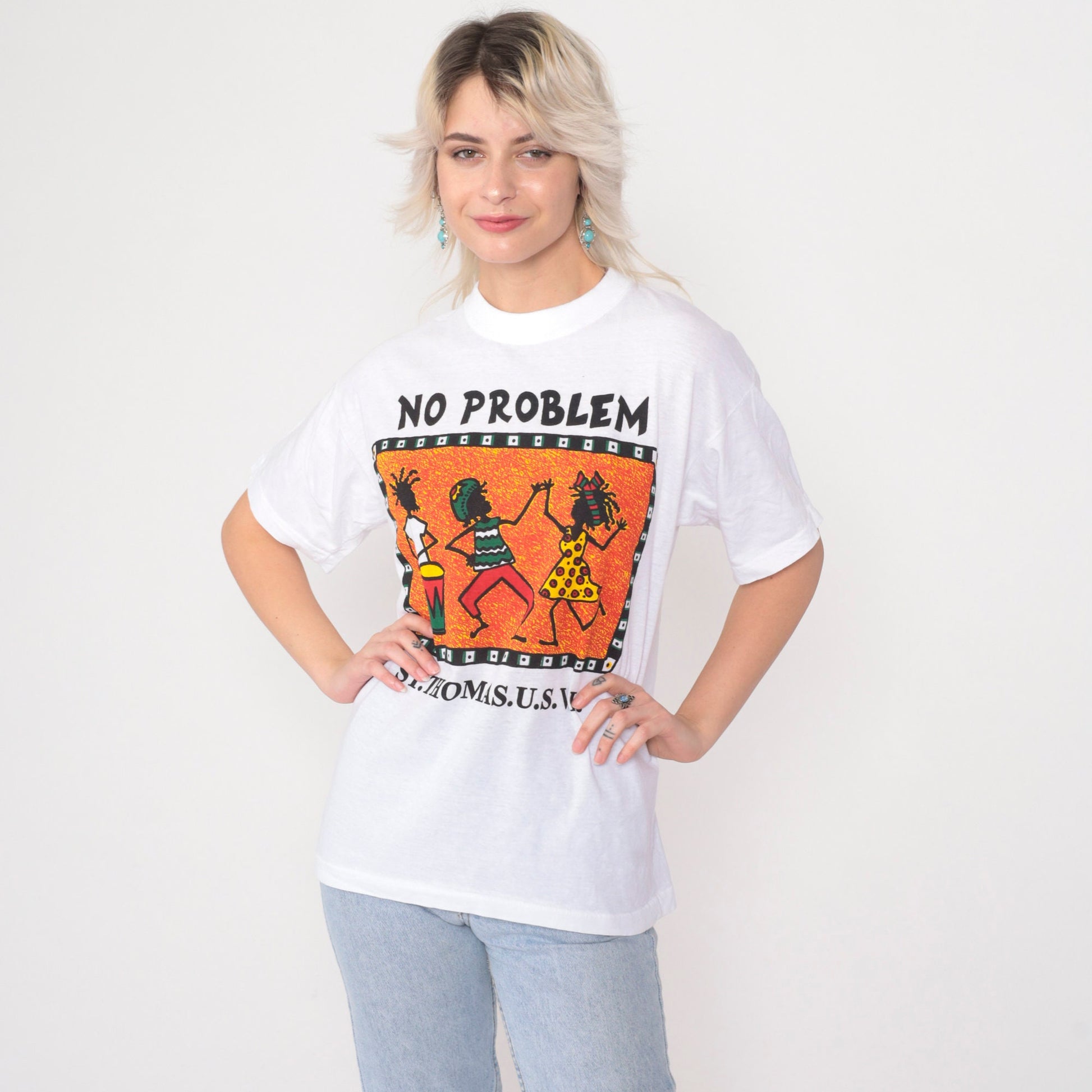 90s St Thomas Virgin Islands No Problem Rasta Graphic Tee White Cotton Medium