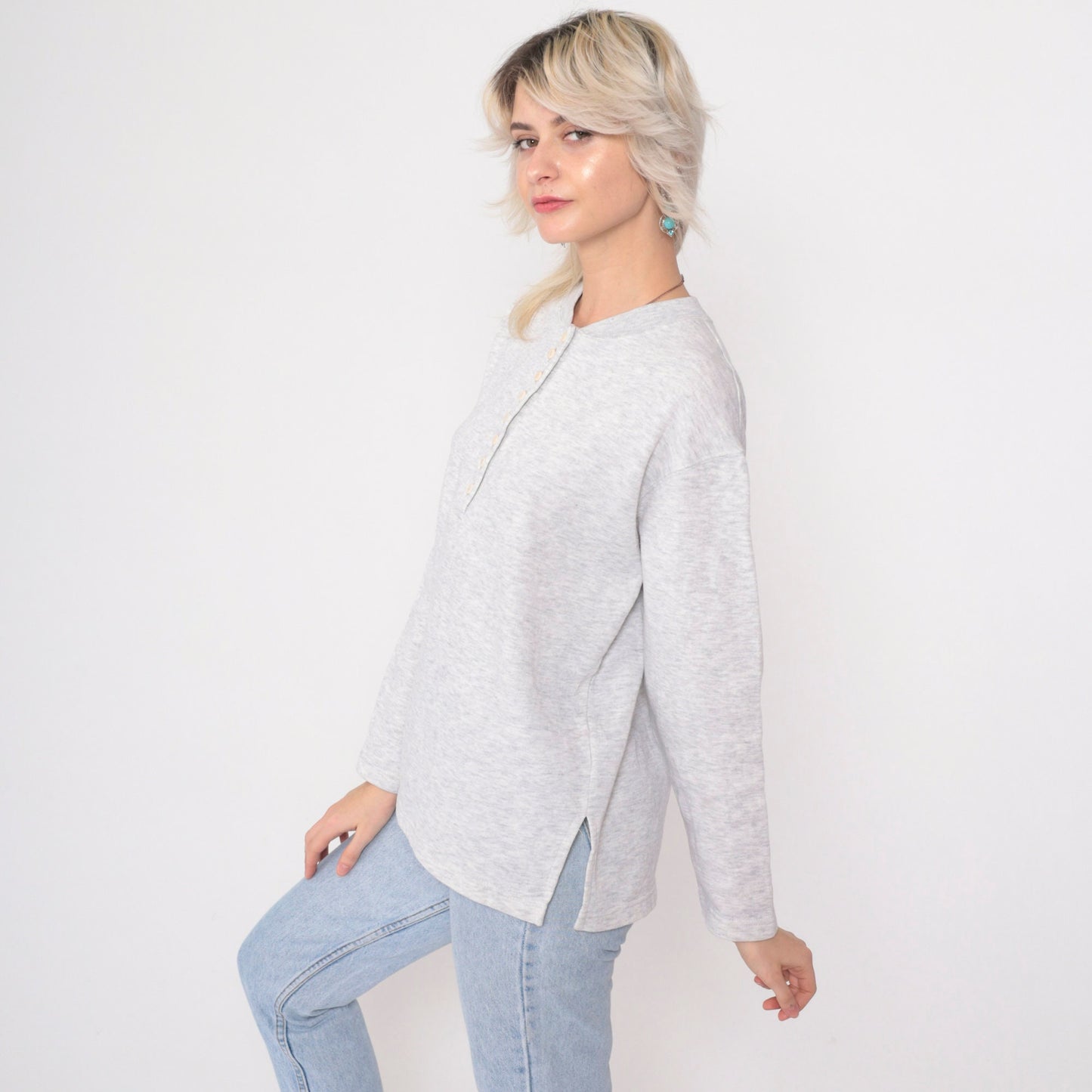 90s Heather Grey Henley Long Sleeve Button Neck Shirt Medium