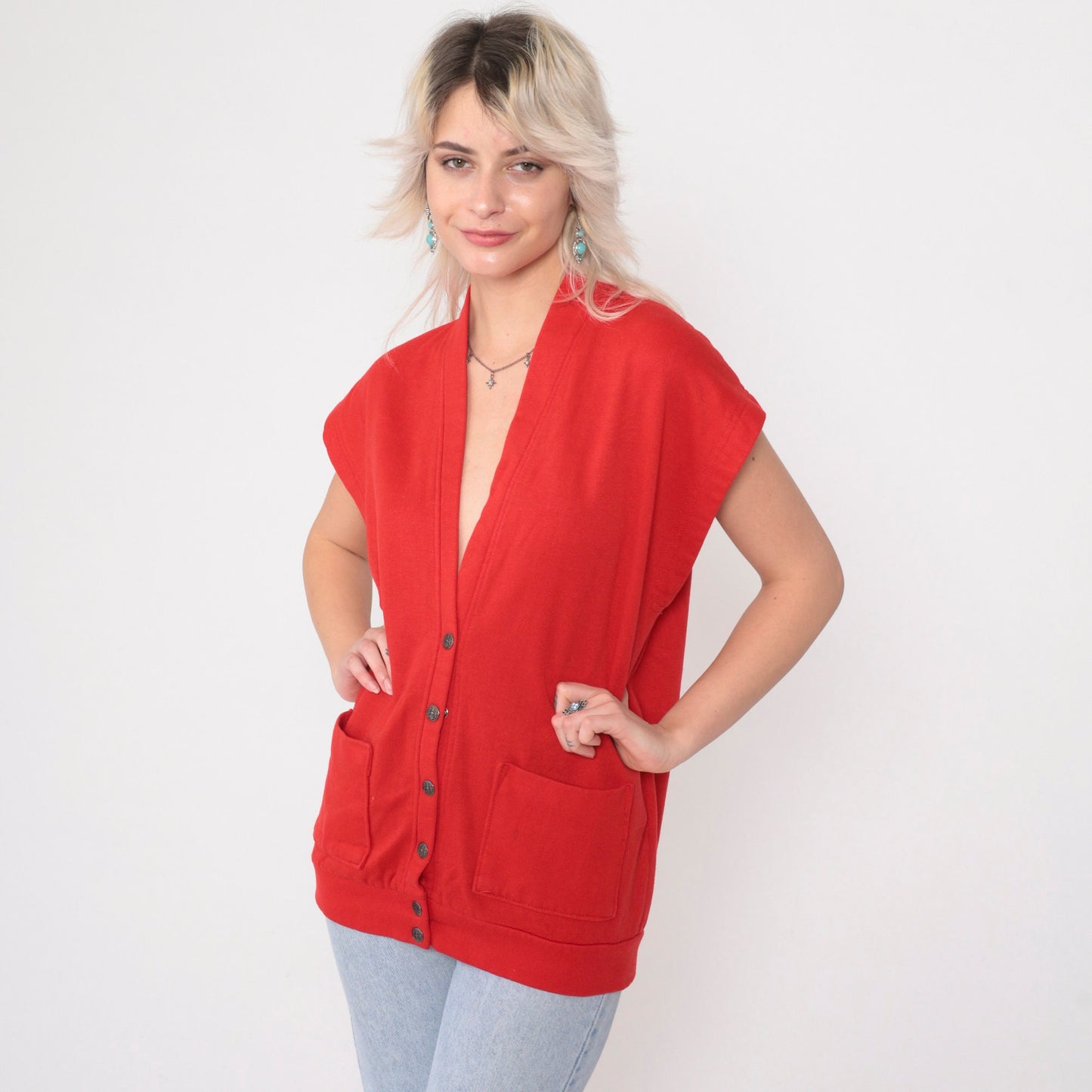 90s Red Sweatshirt Vest Button-Up V-Neck Cap Sleeve Medium M