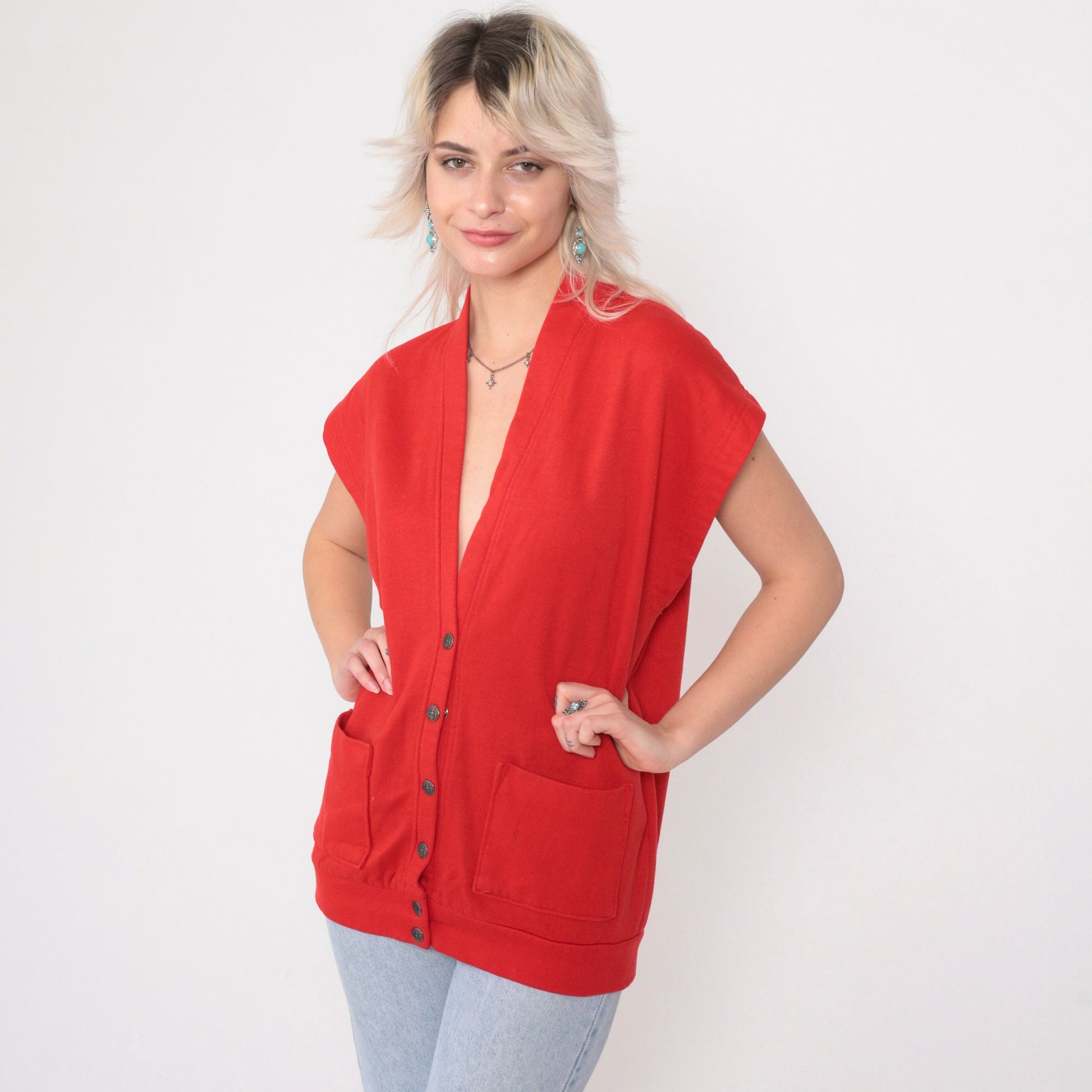 90s Red Sweatshirt Vest Button-Up V-Neck Cap Sleeve Medium M