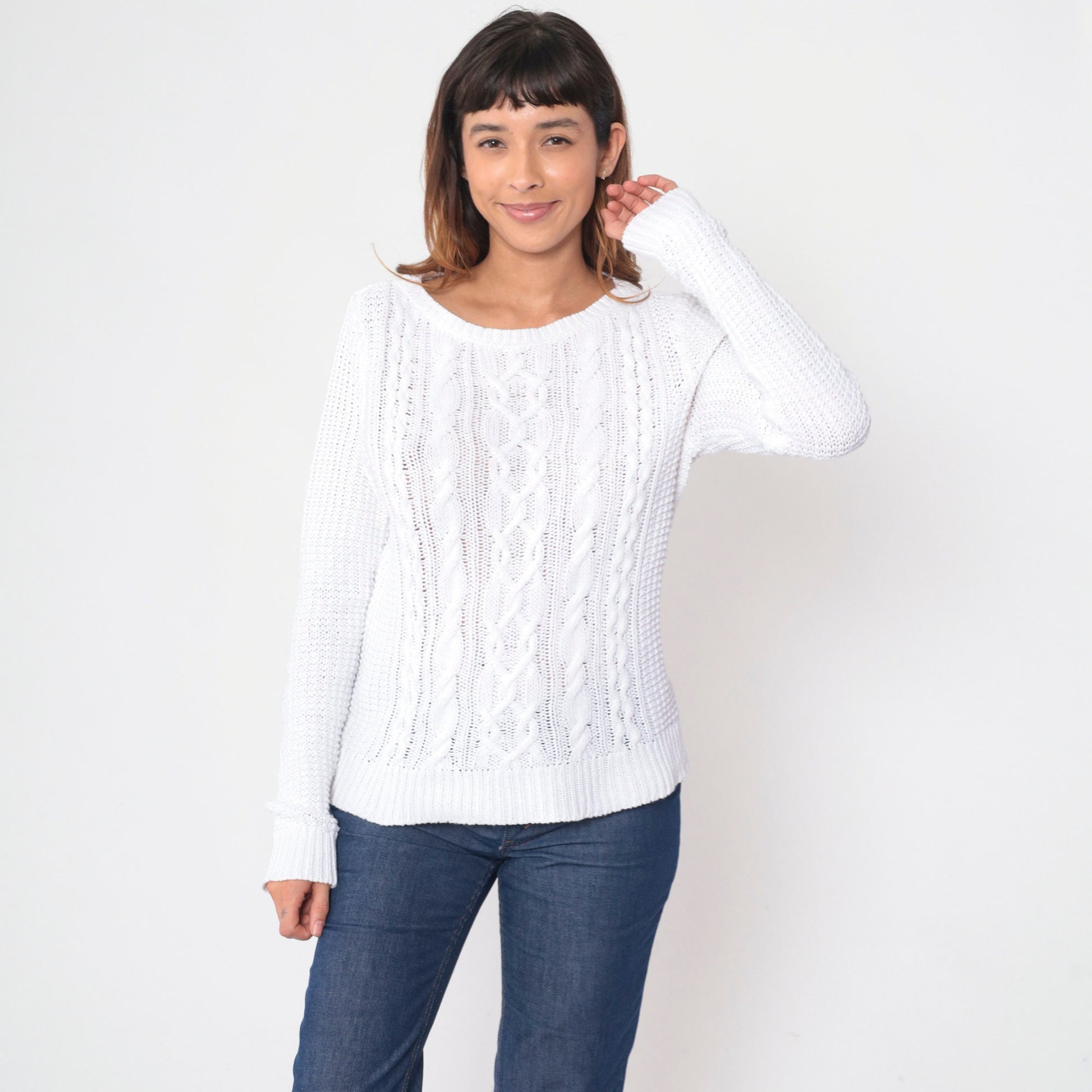 Y2K Ralph Lauren White Cable Knit Pullover Sweater Medium M