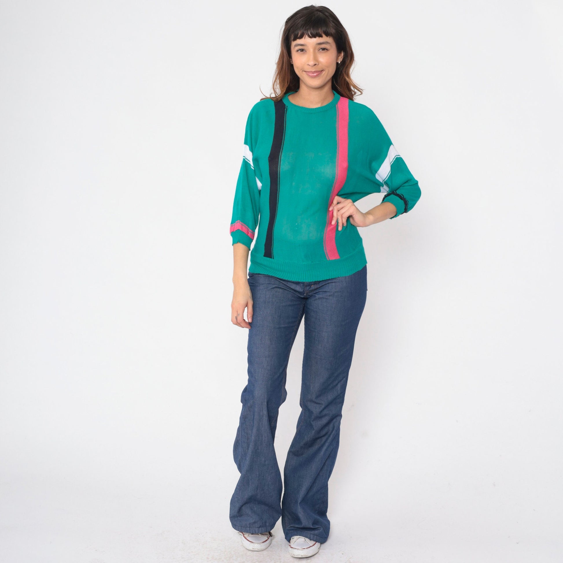 80s Teal Striped Knit Sweater Dolman Sleeve Crewneck Small