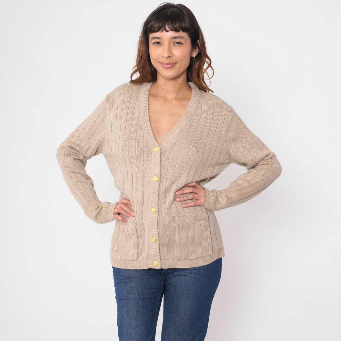 90s Taupe Ribbed Knit Cardigan Button-Up V-Neck Small S