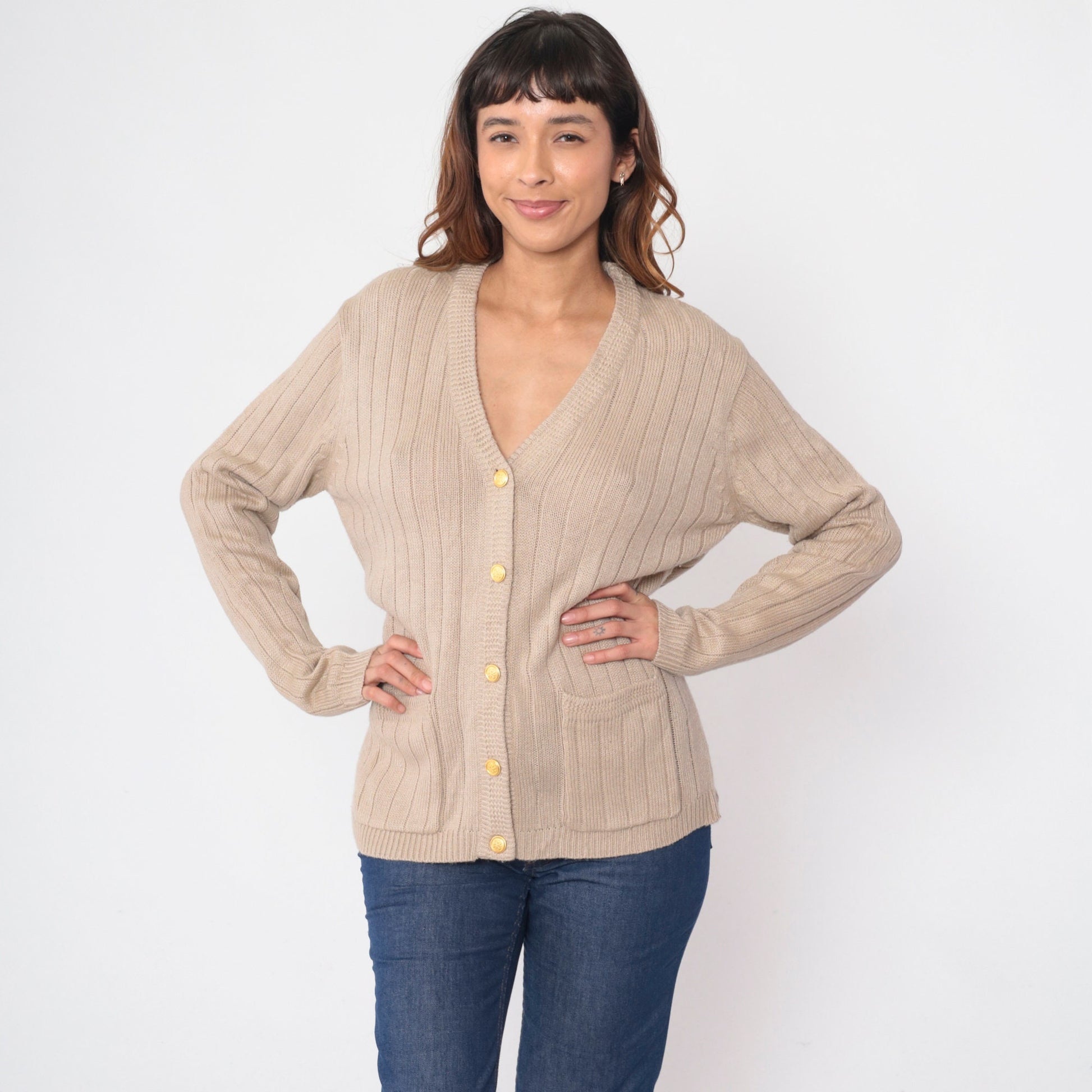 90s Taupe Ribbed Knit Cardigan Button-Up V-Neck Small S