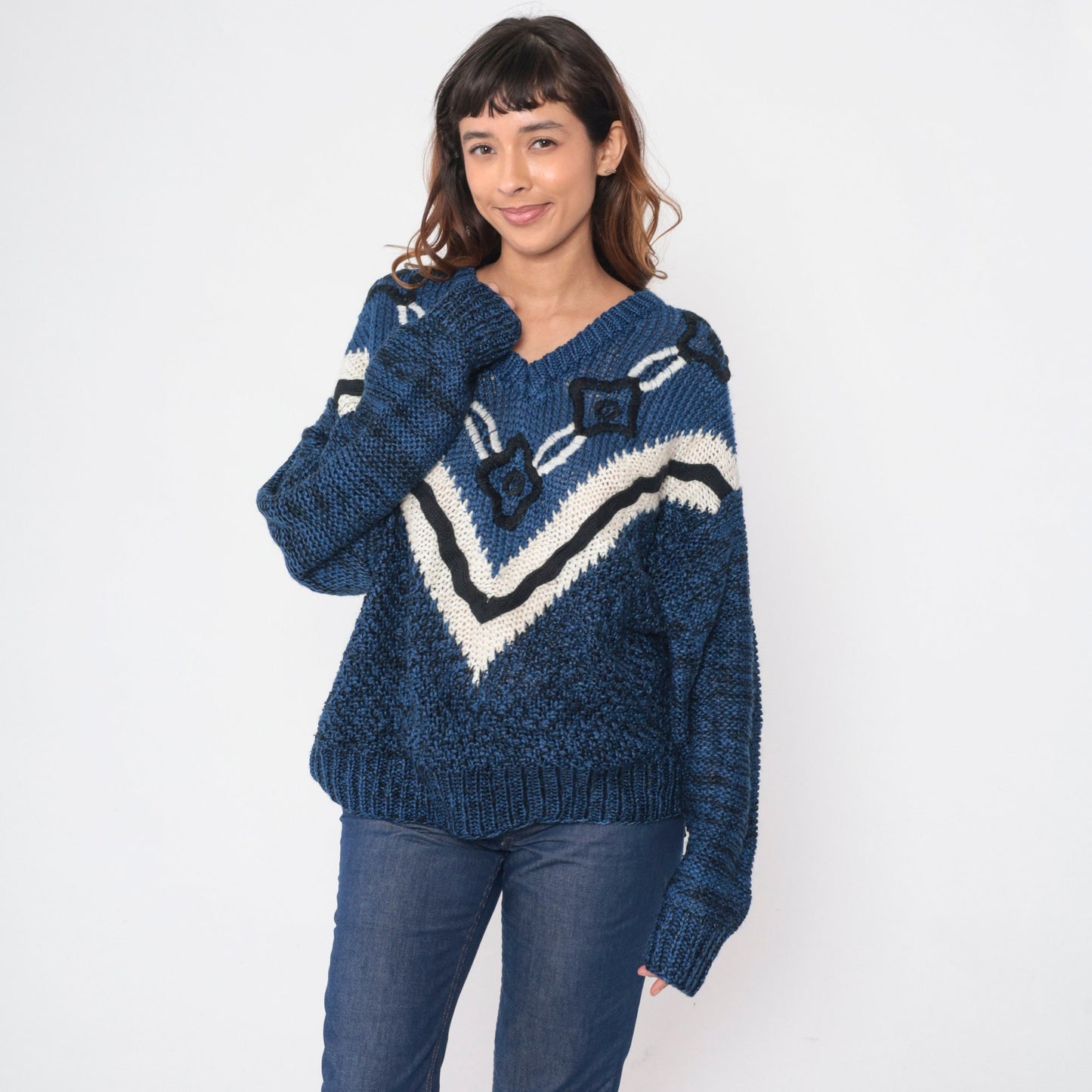 90s Embroidered Floral Knit Sweater Blue Black Chevron Stripe Extra Large